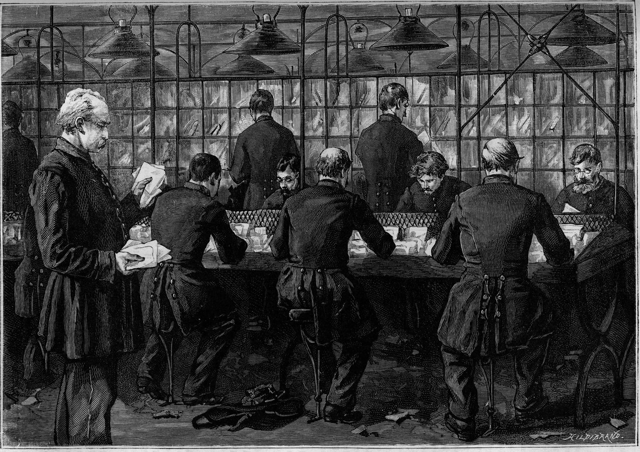 A triagem de correspondência num escritório do Hotel des Postes na Rue du Louvre, em Paris. Gravação na revista "La jeunesse". de Unknown artist