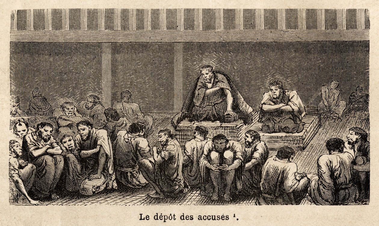 As etapas da justiça: o depósito das acusações, todas elas reunidas na mesma cela, muitas vezes durante muito tempo, os réus podem obter mais conforto, por exemplo, dois prisioneiros obtiveram tapetes que lhes permitiram erguer-se acima (acima) do chão de  de Unknown artist
