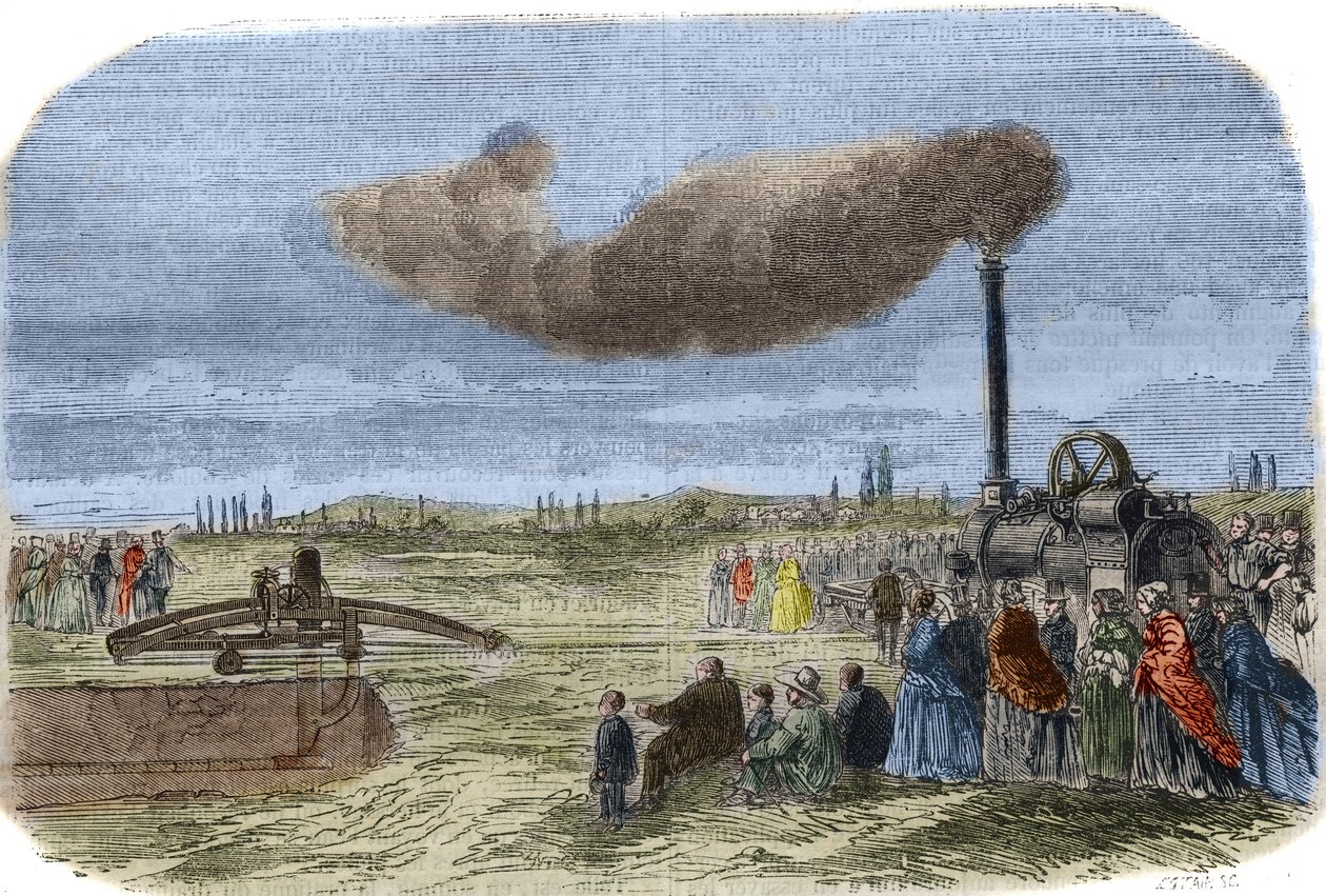 O dreno de vapor inventado por Albert Fry (1830? -1903) e John Fowler (1826-1864) durante uma operação de drenagem mecânica perto de Versailles. Gravura de 1856. em "The Museum of Sciences" (O Museu das Ciências) de Unknown artist