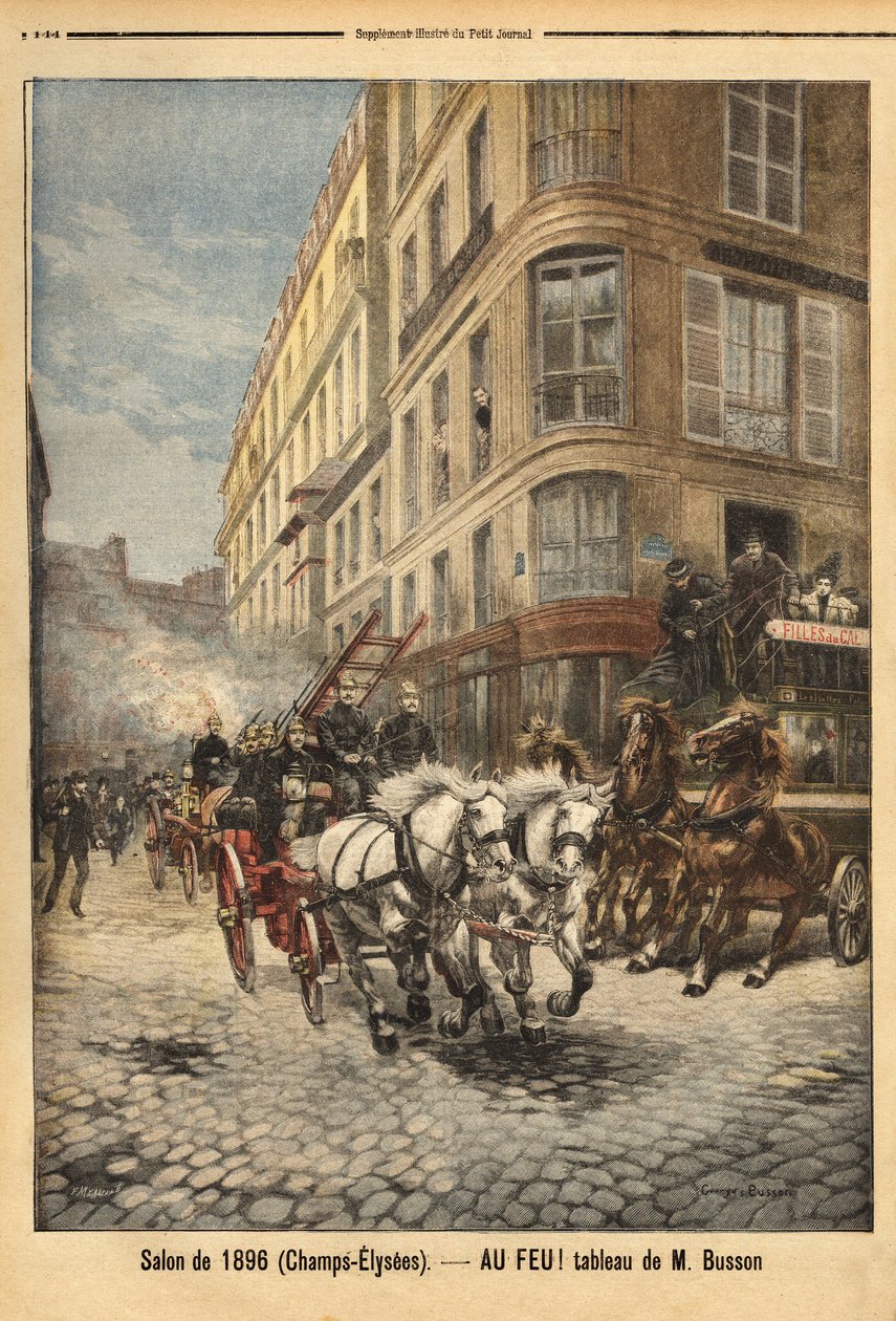 A bomba de vapor e os veículos dos bombeiros em Paris, de acordo com um quadro do Sr. Busson. Gravura em "Le petit journal" 3/05/1896. A colecção da Selva. de Unknown artist