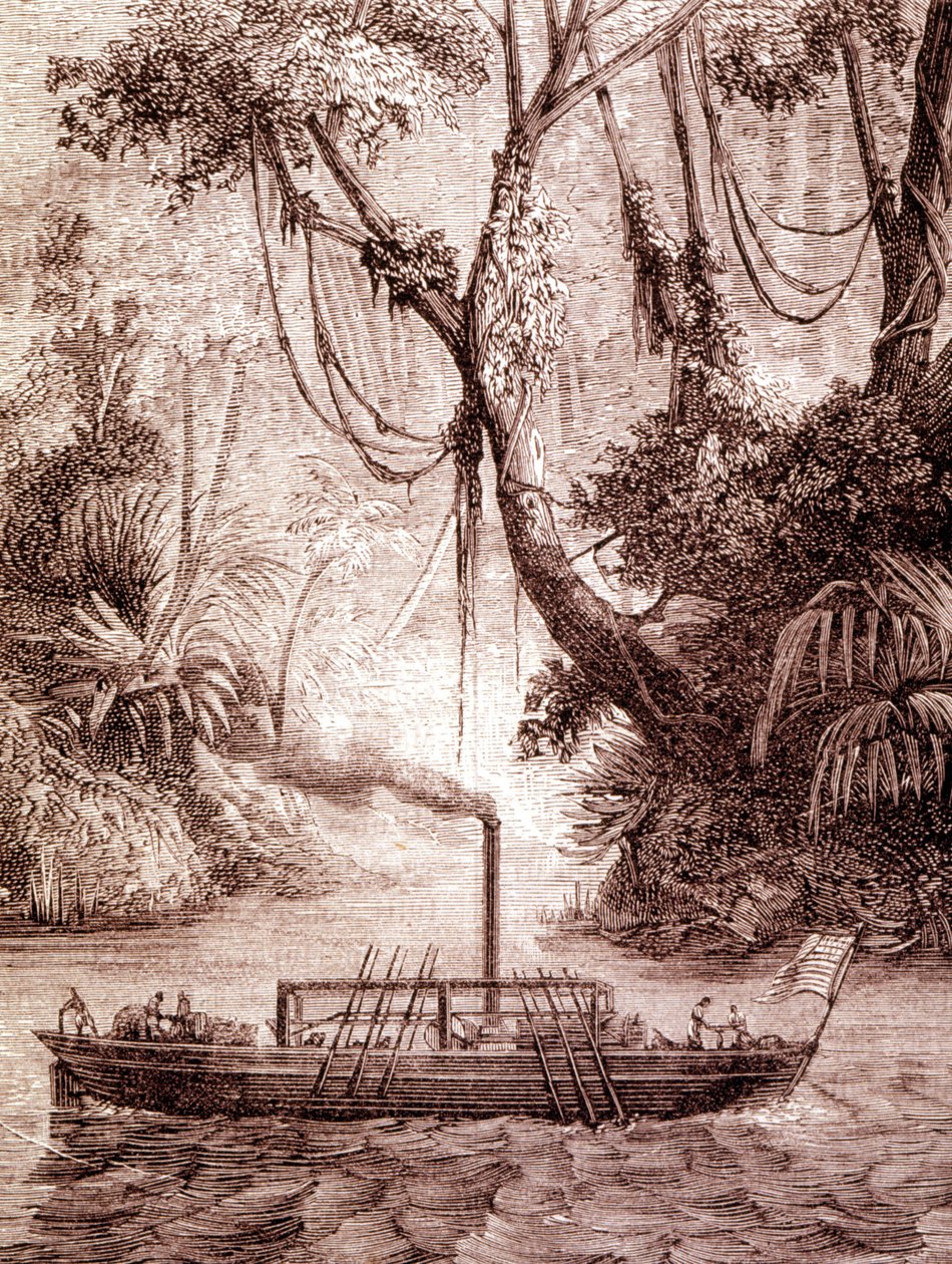 O barco a vapor de John Fitch, inventor americano, no Rio Delaware, por volta de 1791. de Unknown artist