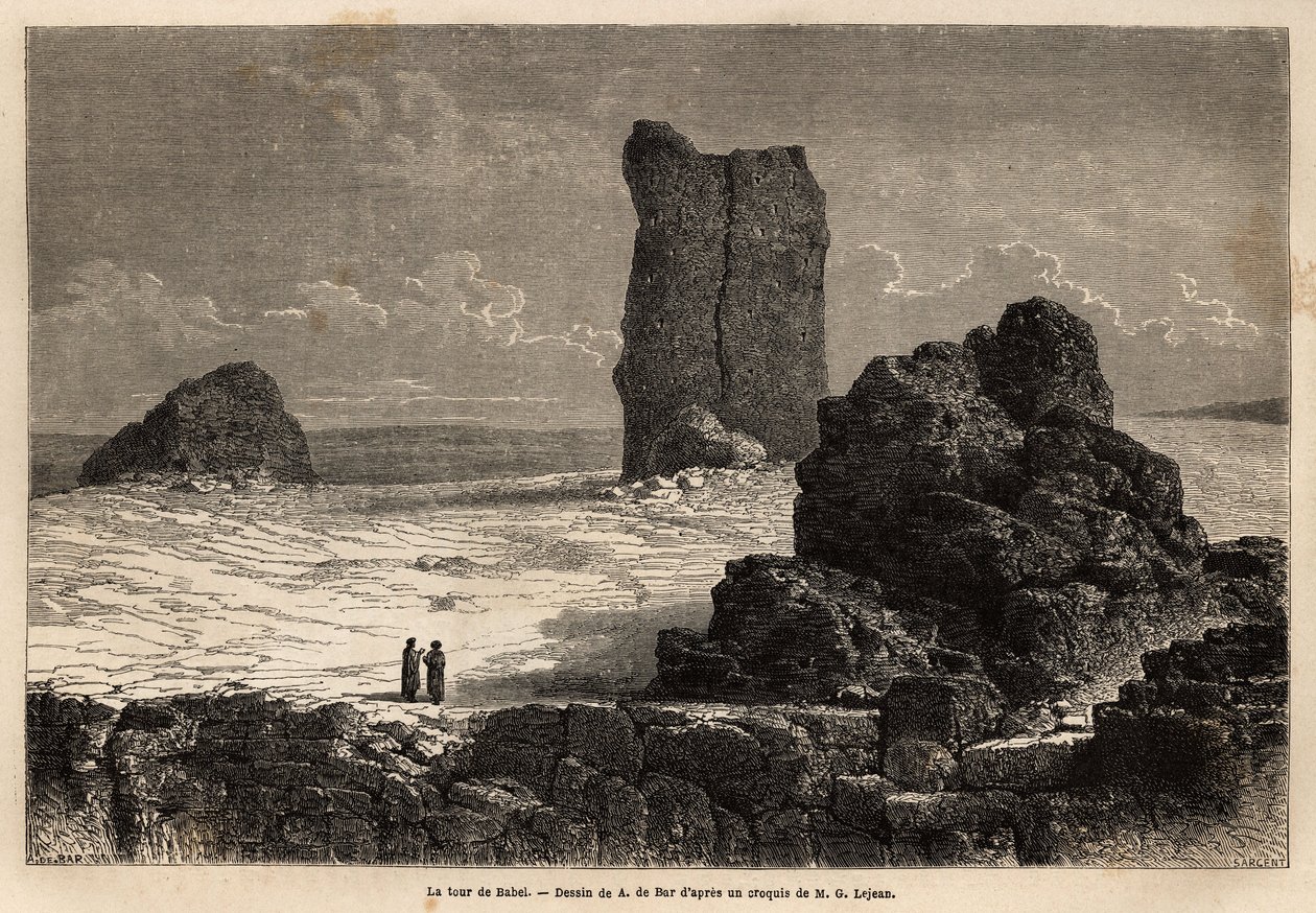 As ruínas de Birs Nimroud, que a comunidade turística de Bagdá (Iraque) na época, identifica como a torre mítica de Babel. Engravure pour illustrrer le voyage dans la Babylon, en 1866, de Guillaume Lejean, em "Le tour du monde, nouveau j de Unknown artist