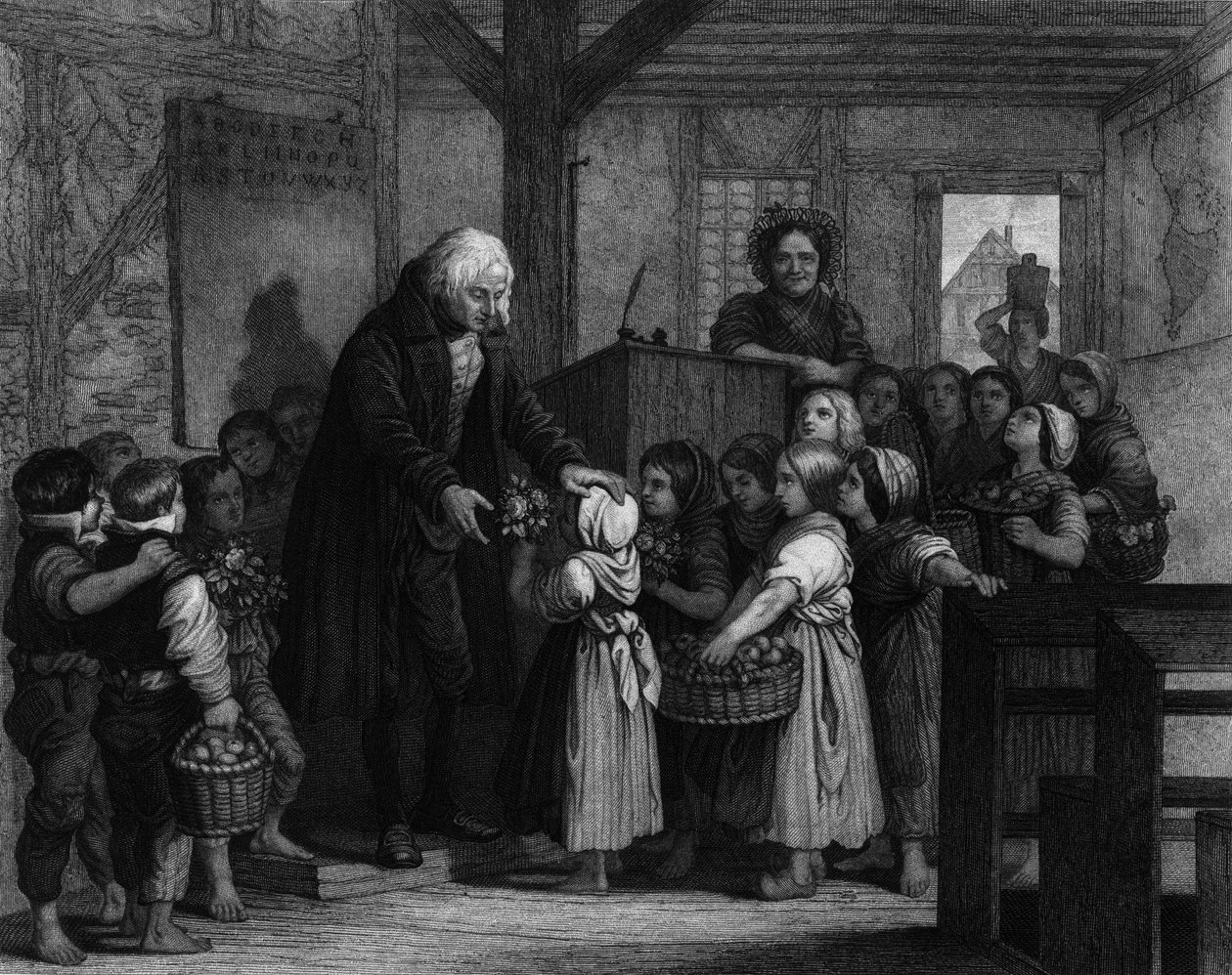Os alunos de uma turma reúnem-se para dar flores ao professor da escola no seu aniversário. Gravura do século XIX de Unknown artist