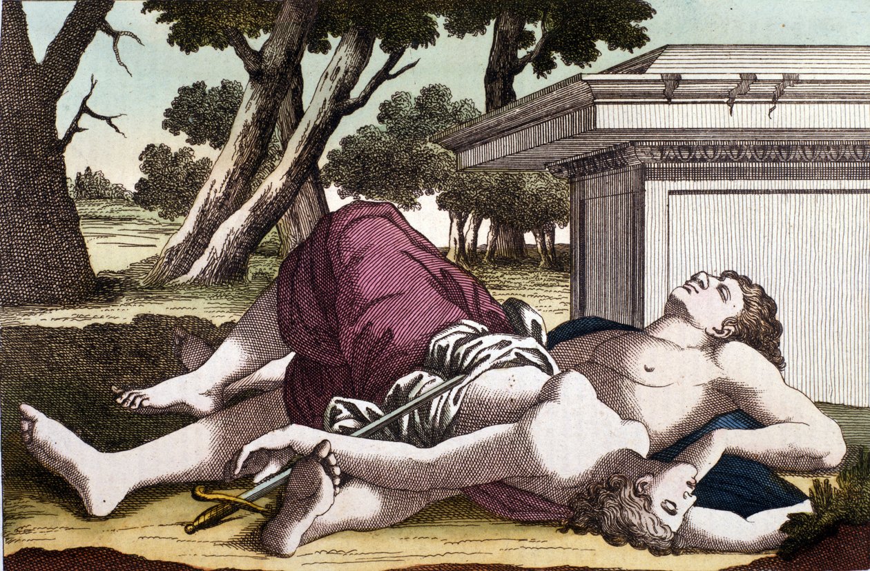 O suicídio de Pyramus (Pirame) sob o silenciador e a morte de Thisbe. Convencido de que a leoa tinha devorado Thisbe, Pyramus se deu a si mesmo a morte e cobriu os costumes brancos com seu sangue. Estebe, escondido para escapar do leão, encontra o seu amor de Unknown artist