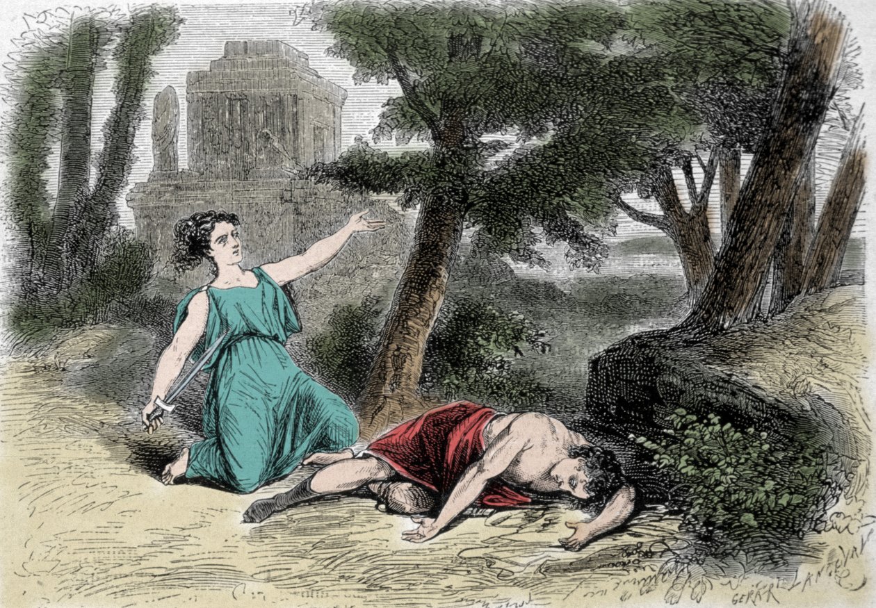 O suicídio de Pyramus (Pirame) sob o silenciador e a morte de Thisbe. Convencido de que a leoa tinha devorado Thisbe, Pyramus se deu a si mesmo a morte e cobriu os costumes brancos com seu sangue. Estebe, escondido para escapar do leão, encontra o seu amor de Unknown artist