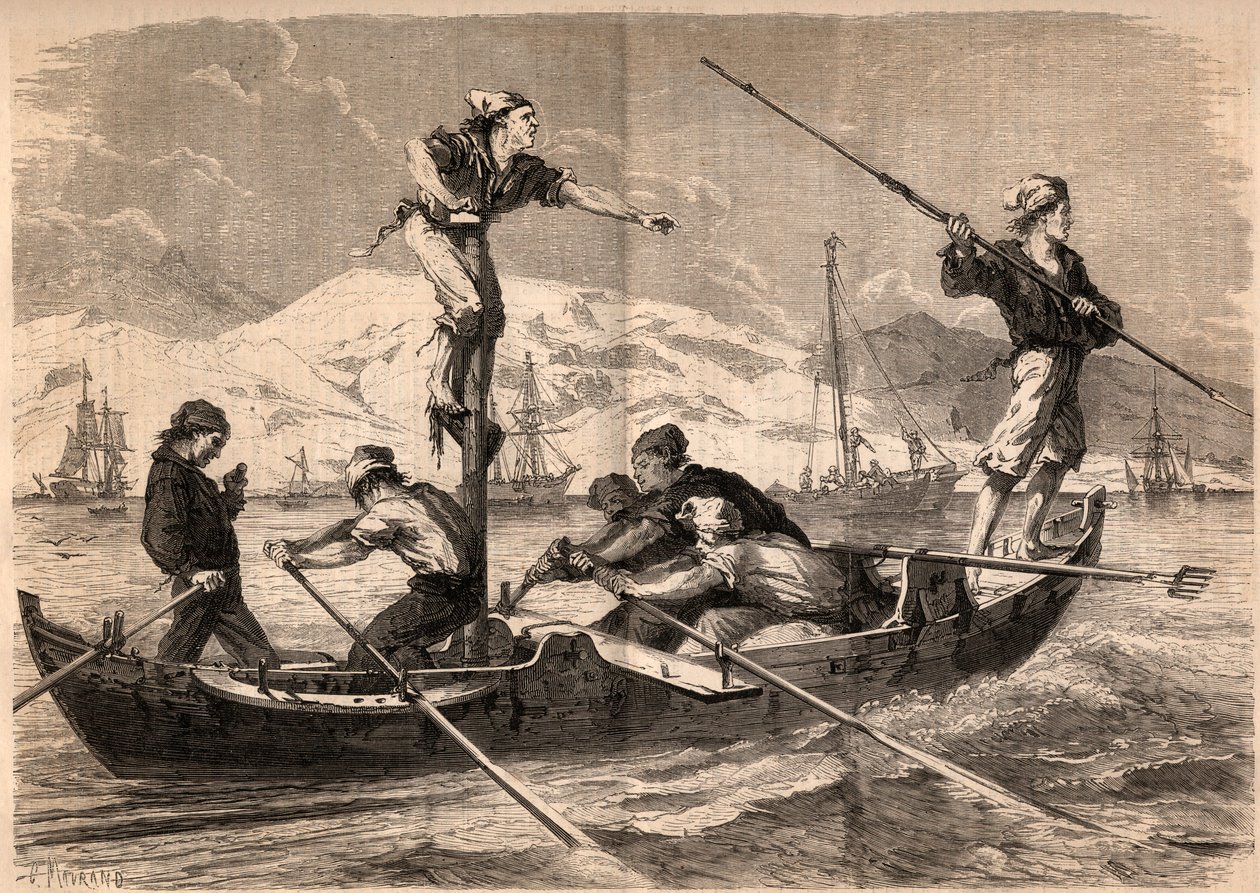 A pesca do espadarte arpão (pesce spada, espadarte) na costa da Sicília, na Itália, em 1862. Gravura em "Le Monde illustrious" de 1862. Colecção privada. de Unknown artist