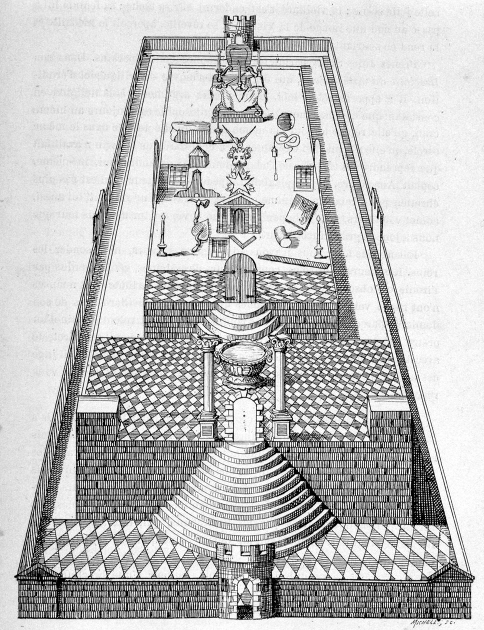 O templo de Salomão em Jerusalém, de acordo com uma das figuras a serem desenhadas no chão dos alojamentos durante as recepções franco-maçônicas - em "La France Juive" de Edouard Drumont de Unknown artist