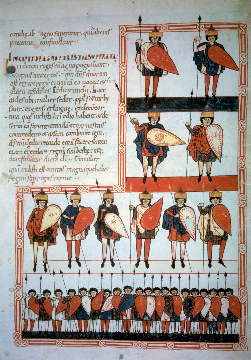 Os dez reis do apocalipse armas de lanças e escudos com as suas tropas. Miniatura em "Beatus de Liebana, Comentário sobre o Apocalipse" (Fólio 193), de Stephanus Garcia de Unknown artist