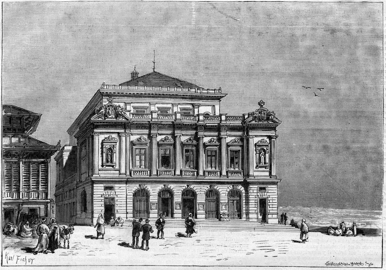 O teatro de Constantino na Argélia construído pelo arquitecto Paul Jean Gion (1838-1904) entre 1877 e 1883 - o exterior do teatro de Unknown artist