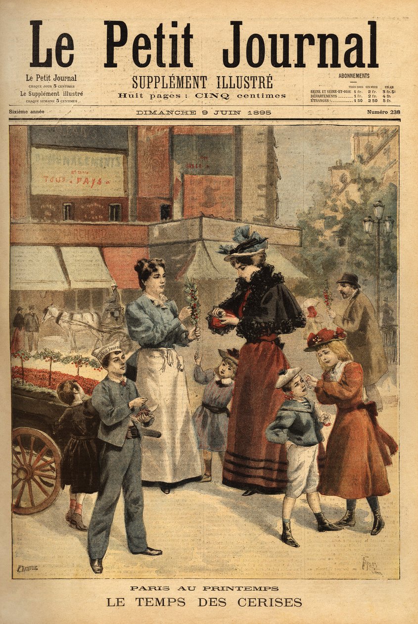 O tempo das cerejas, comerciante ambulante nas ruas de Paris. Gravura no "Le petit journal" 9/06/1895. A colecção da Selva. de Unknown artist