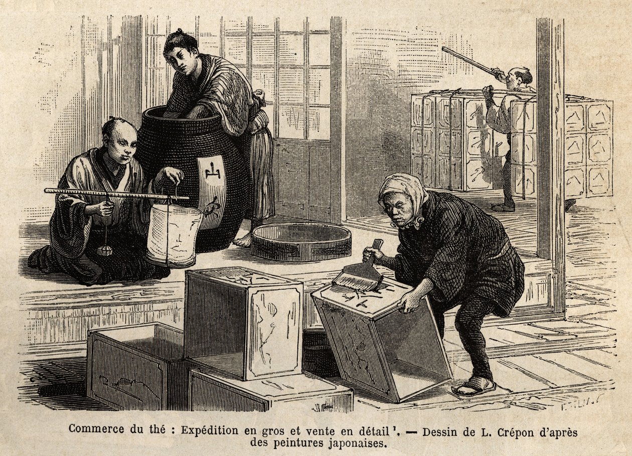 O comércio do chá: transporte grossista e retalhista. Gravura para ilustrar a viagem ao Japão, de Aime Humbert, ministro da Confederação Suíça, em 1863-1864, publicada em "Le tour du monde" 1869, editada por Edouard Charton, edição Hachette, Par de Unknown artist