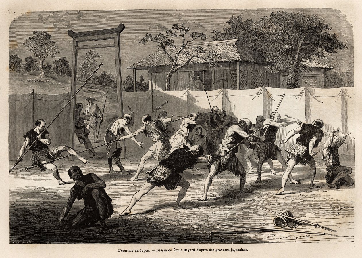 O treinamento de guerreiros japoneses em combate com espada e lança, em uma espécie de arena cercada por lona esticada. Gravura para ilustrar a viagem ao Japão, em 1863-1864, de Aime Humbert, ministro da Confederação Suíça, em "Le tour du monde, nouveau de Unknown artist