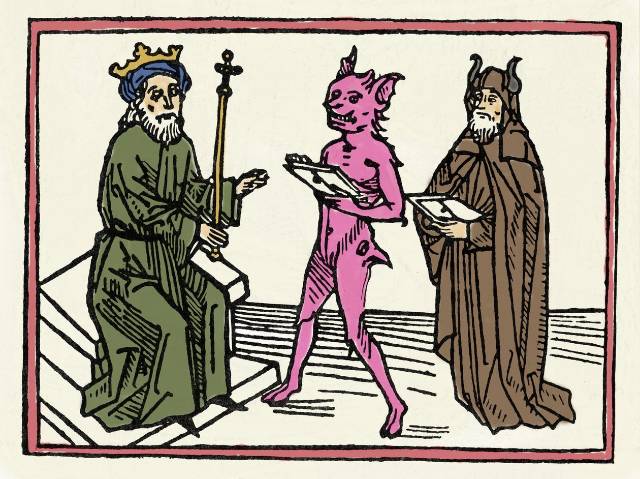 O julgamento de Belial: "O Demônio Belial apresenta suas credenciais ao Juiz Salomão" "Gravura de "O julgamento de Belial" de Jacobus de Teramo (ou Palladino), Ausburgo de Unknown artist