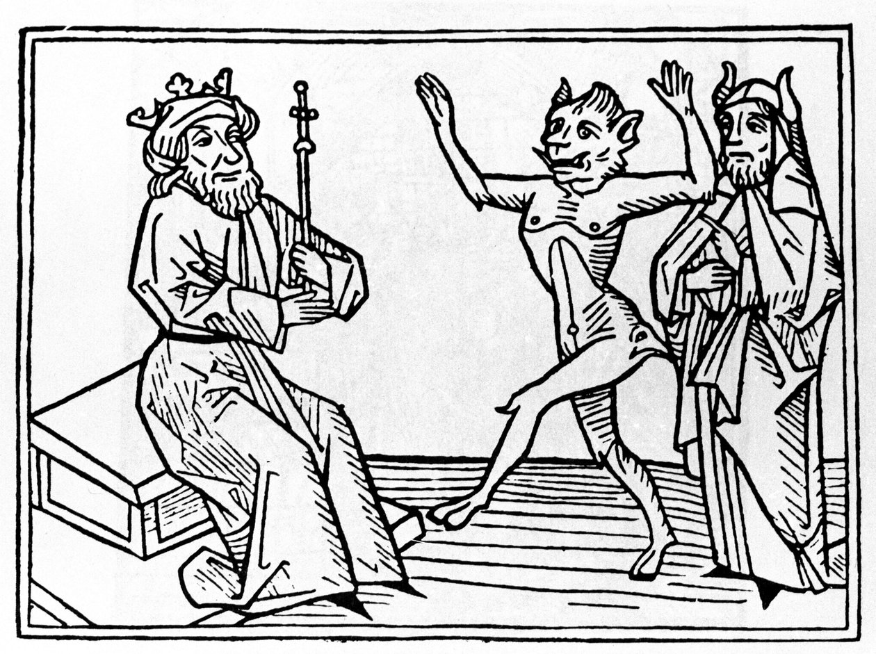 O julgamento de Belial: "O demônio Belial dança diante do Juiz Salomão" Gravura de "O julgamento de Belial" de Jacobus de Teramo (ou Palladino), Ausburgo de Unknown artist