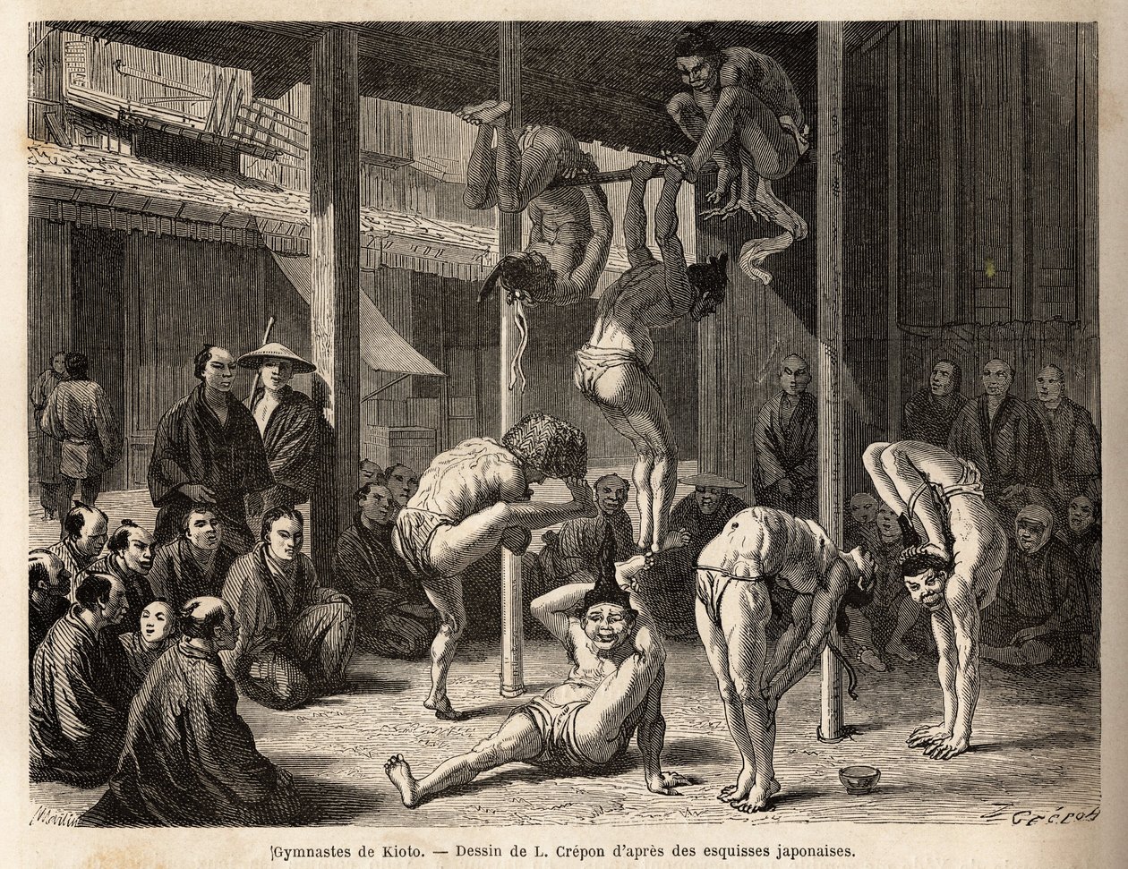 A trupe dos Saltimbancos os ginastas de Tokio, actuam sob um vasto barracão ou são descartados de tapetes de bambu, todos eles são experientes com estes exercícios físicos mas também com a prática de comédia. Gravura para ilustrar a viagem ao Japão de Unknown artist