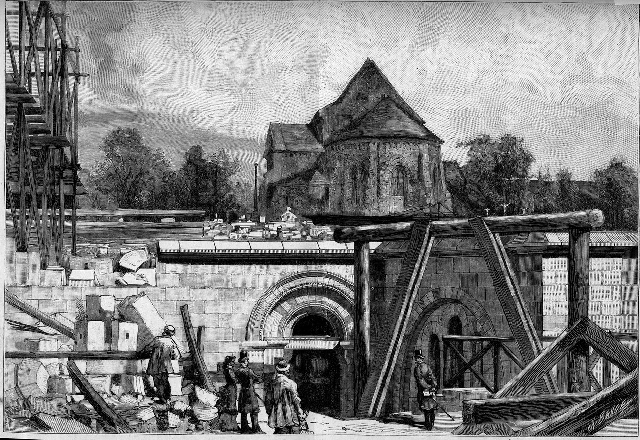 As construções subterrâneas da igreja Sacre Coeur em Montmartre: a antiga igreja. Gravura em "Le Monde Illustré" n°1300 de 25 de fevereiro de Unknown artist