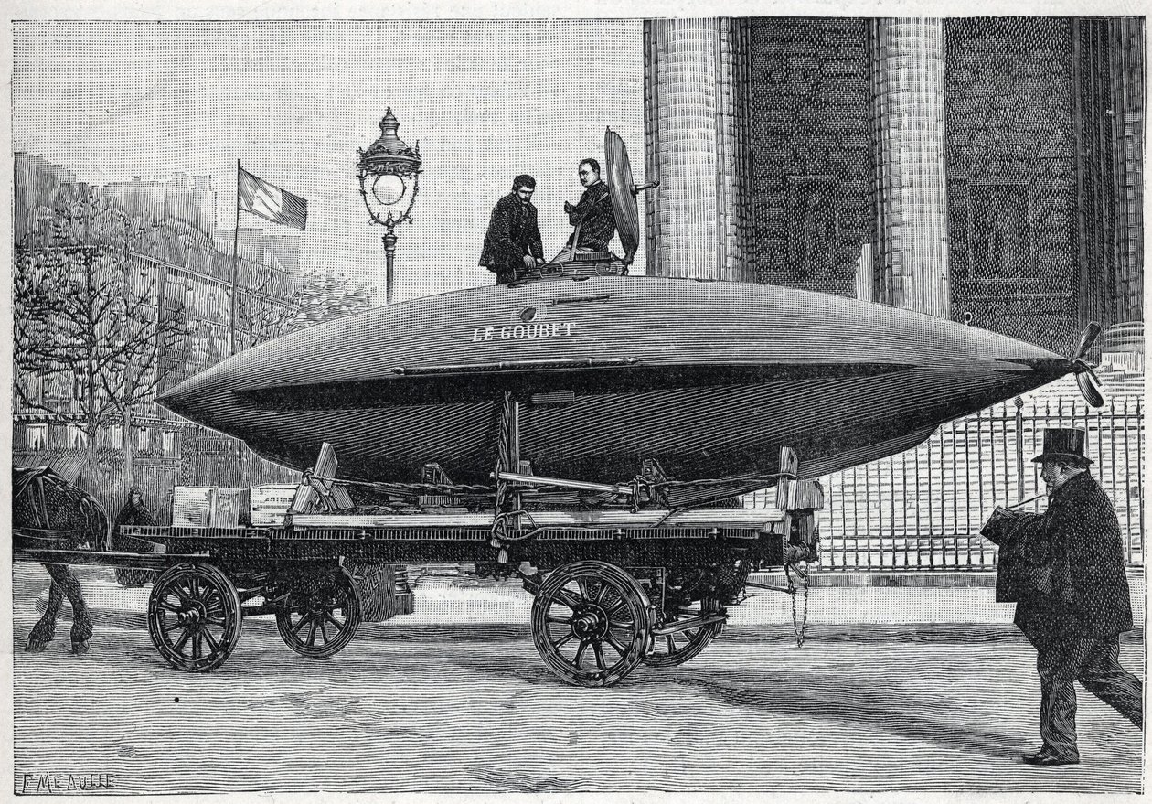 O barco subaquático (submarino) "Le Goubet", transportes para experiências, passa pela Place de la Madeleine em Paris. Gravura em "La Nature". de Unknown artist