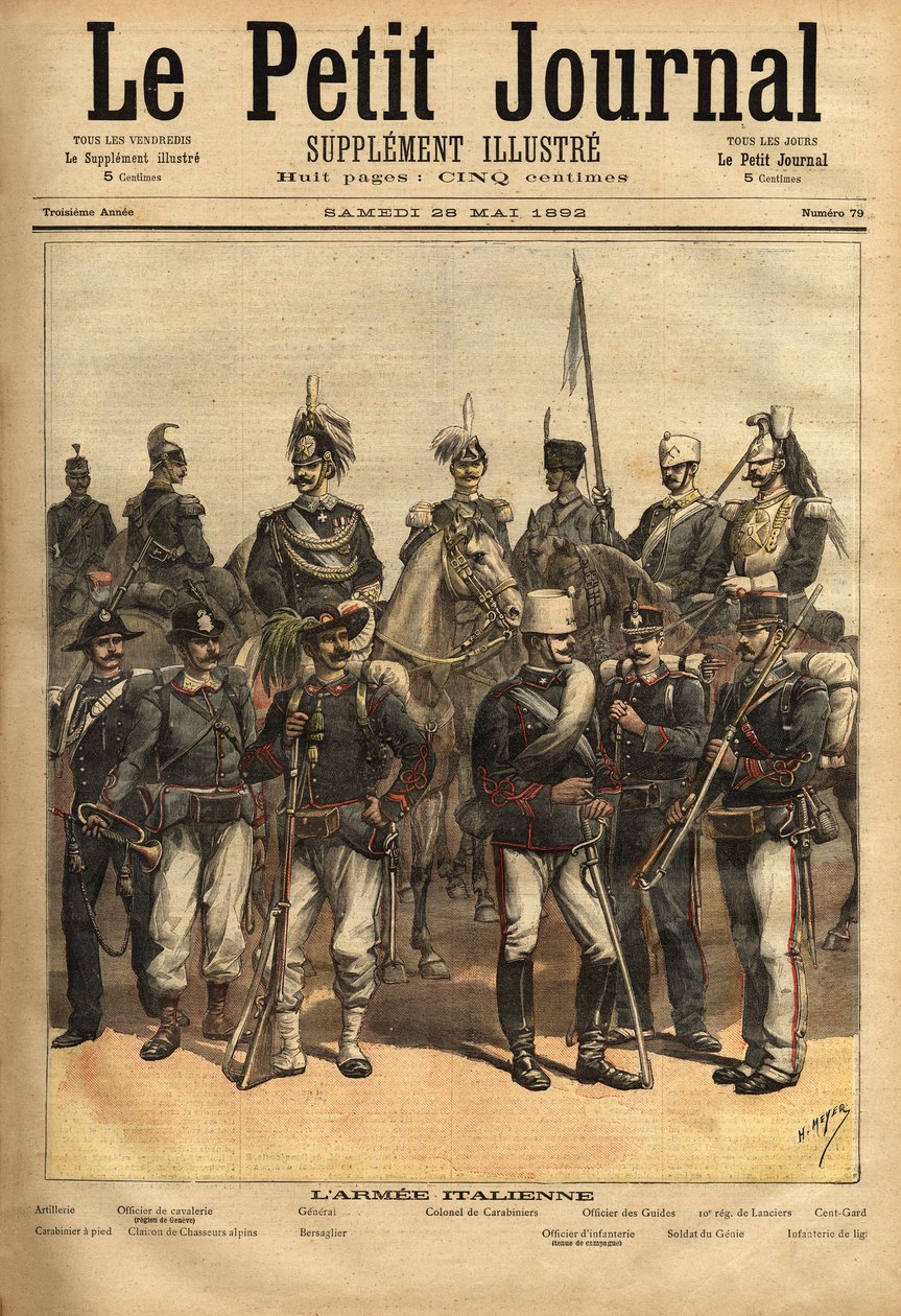 Os uniformes do exército italiano, um cavalo da esquerda para a direita: a artilharia, o oficial de cavalaria, o general, o coronel dos carabinieri, o oficial dos guias, o 10º regimento de lanças, o centésimo. De pé da esquerda para a direita: o mosquetão, de Unknown artist