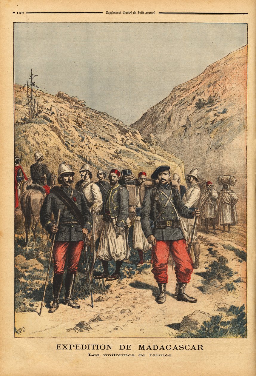 Os uniformes do exército, uma roupa de campanha para a expedição de Madagáscar. Gravação no "Le petit journal" 21/04/1895. A colecção da Selva. de Unknown artist