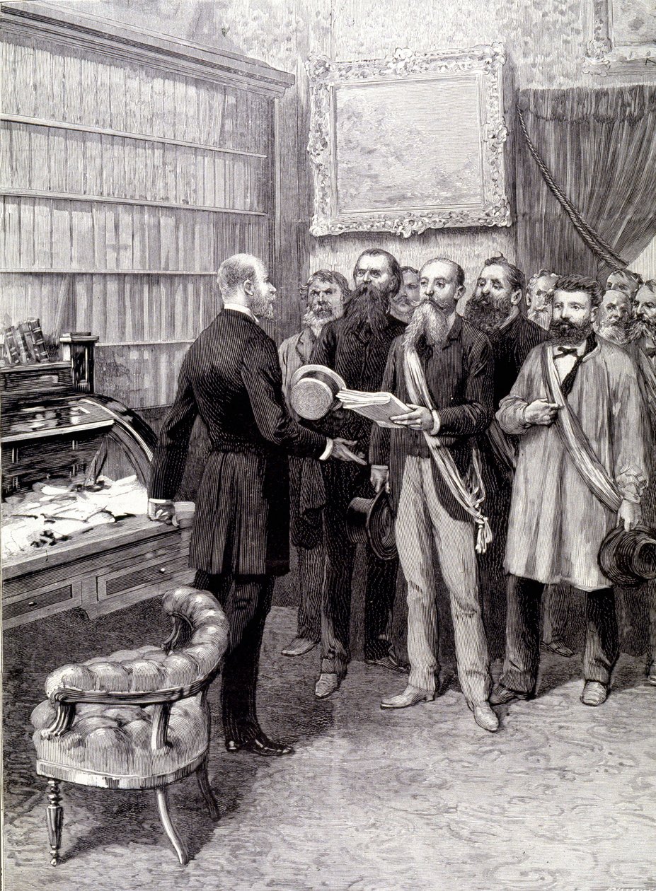 A visita dos delegados dos trabalhadores ao Palais Bourbon (Jules Guesde, Ferroul, Baudin e Thivrier) ao Secretário-Geral da Presidência: Sr. Martin, durante a manifestação de 1 de Maio de Unknown artist