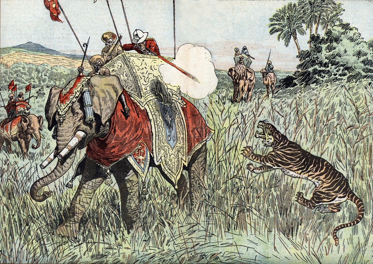 A viagem do Príncipe de Gales (depois Eduardo VIII e depois Duque de Windsor) (1894-1972), às Índias Britânicas, aqui representado durante uma caçada ao tigre" (Príncipe Eduardo de Gales durante uma caçada ao tigre na Índia Britânica de Unknown Artist