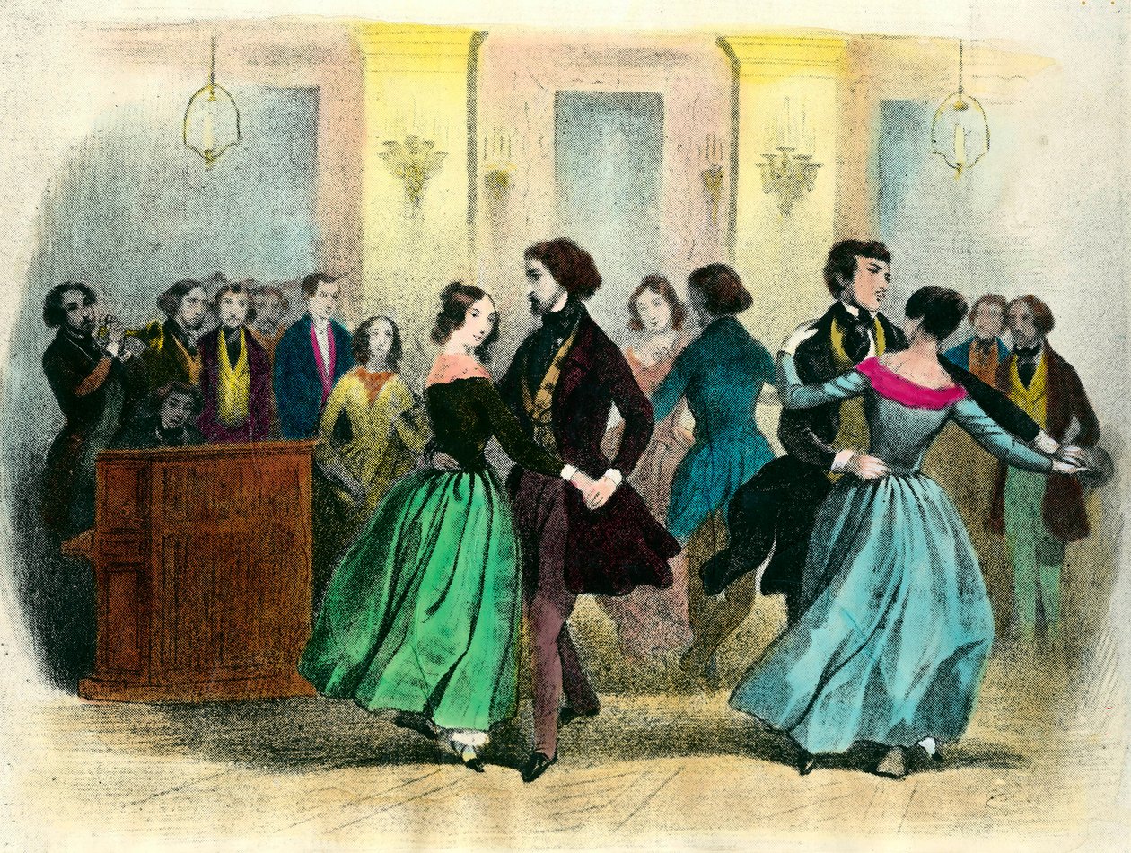 A valsa: uma bola na classe média. A litografia do século XIX. de Unknown artist