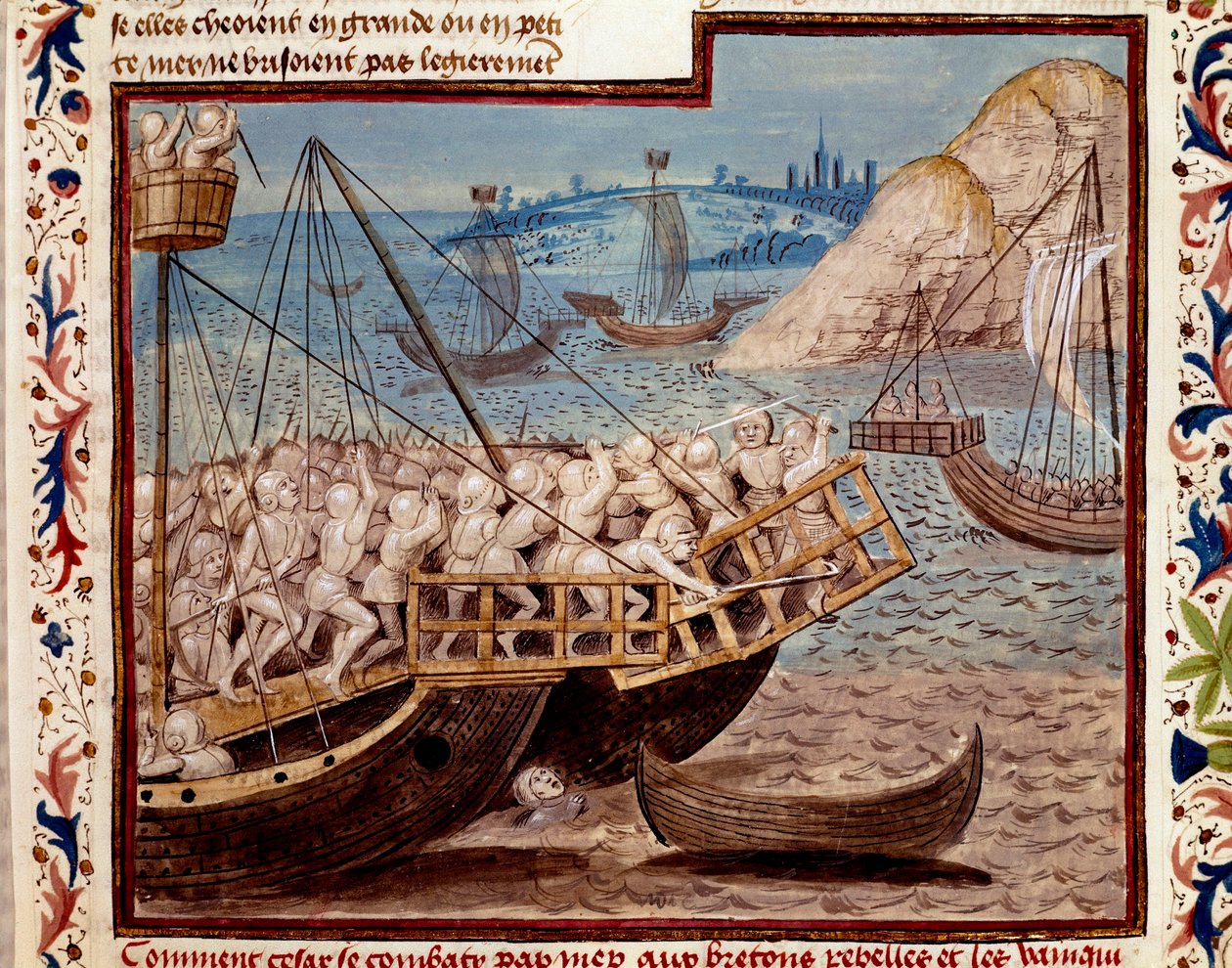 A guerra dos Gauleses: "O descascamento das tropas de Jules Cesar e a vitória sobre os bretões" Miniatura tirada de "Os Fatos dos Romanos" (ou Li Fet dos Romanos), compilada em conjunto de Saluste e Suetoine e Lucan. 1480 (ms. 1055, fol. 54 de Unknown artist