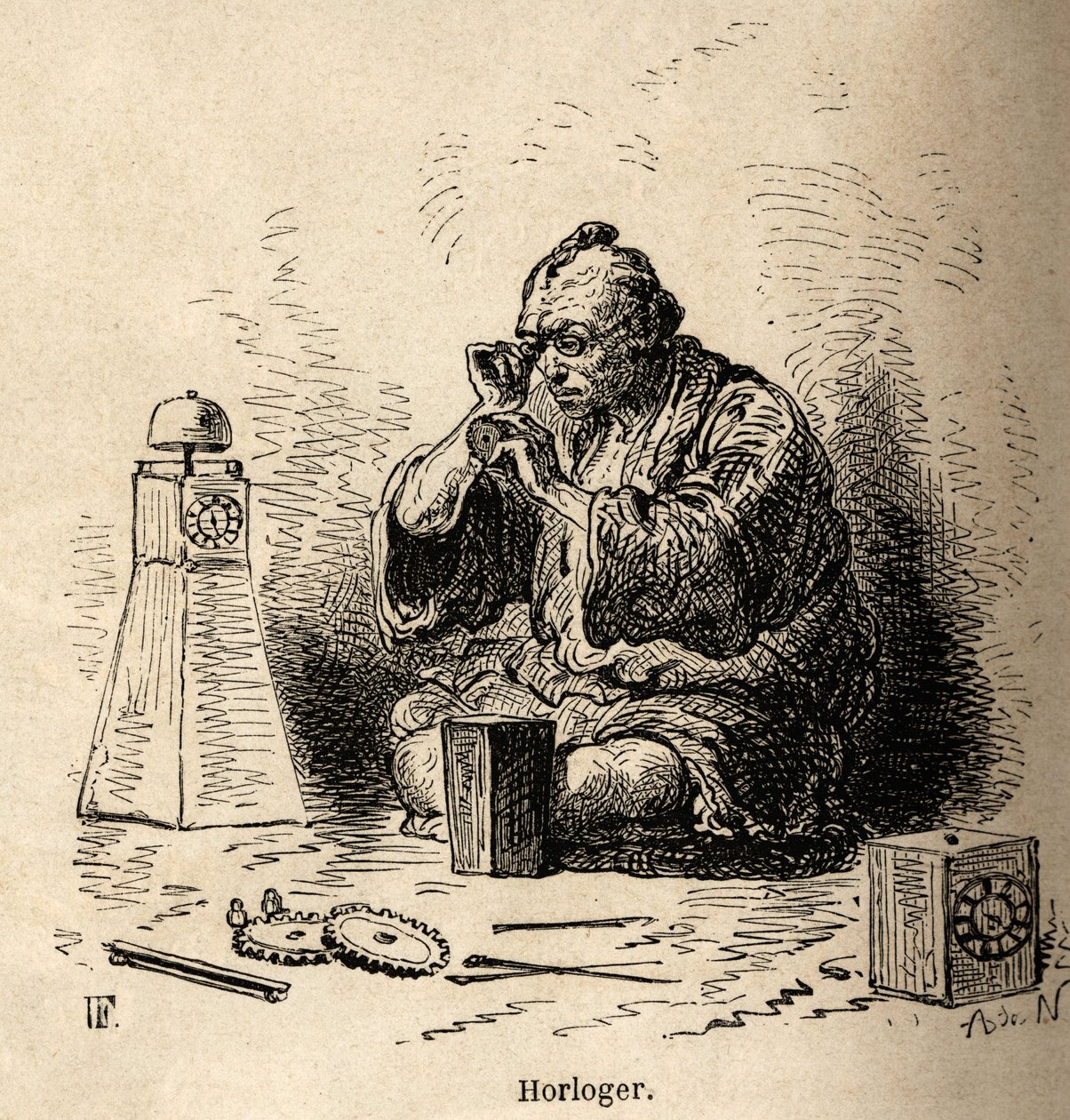 O relojoeiro e fabricante de relógio de sol, na sua oficina, agachado em frente a uma pequena bigorna, as suas ferramentas brilham no chão à sua volta. Gravura para ilustrar a viagem ao Japão, de Aime Humbert, ministro da Confederação Suíça, em 1863-1864,  de Unknown artist