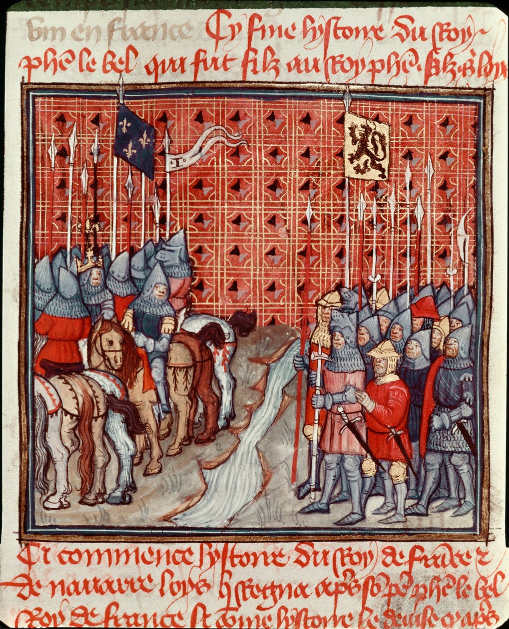 As armas de Filipe IV o Bel (1268-1314) na margem de um rio encontram um exército inimigo em miniatura de "Les grandes chronicles de France" Chantilly do século XIV, Musee Conde de Unknown artist