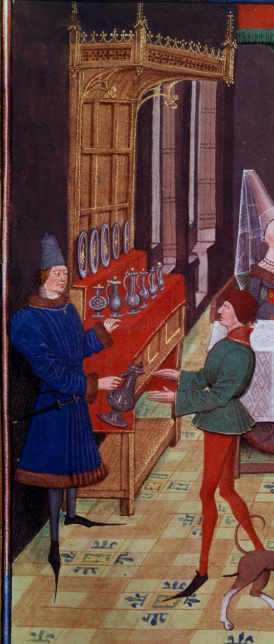 O banquete de casamento de Clarisse, filha do Rei Yvon de Gasconha e Renaud Detail representando os criados que trazem vinho. Miniatura do manuscrito "Renaud de Montauban" ou "Les quatre fils Aymon" de Loyset Liedet (activo entre 1448 e 1478). Ms. de Unknown artist