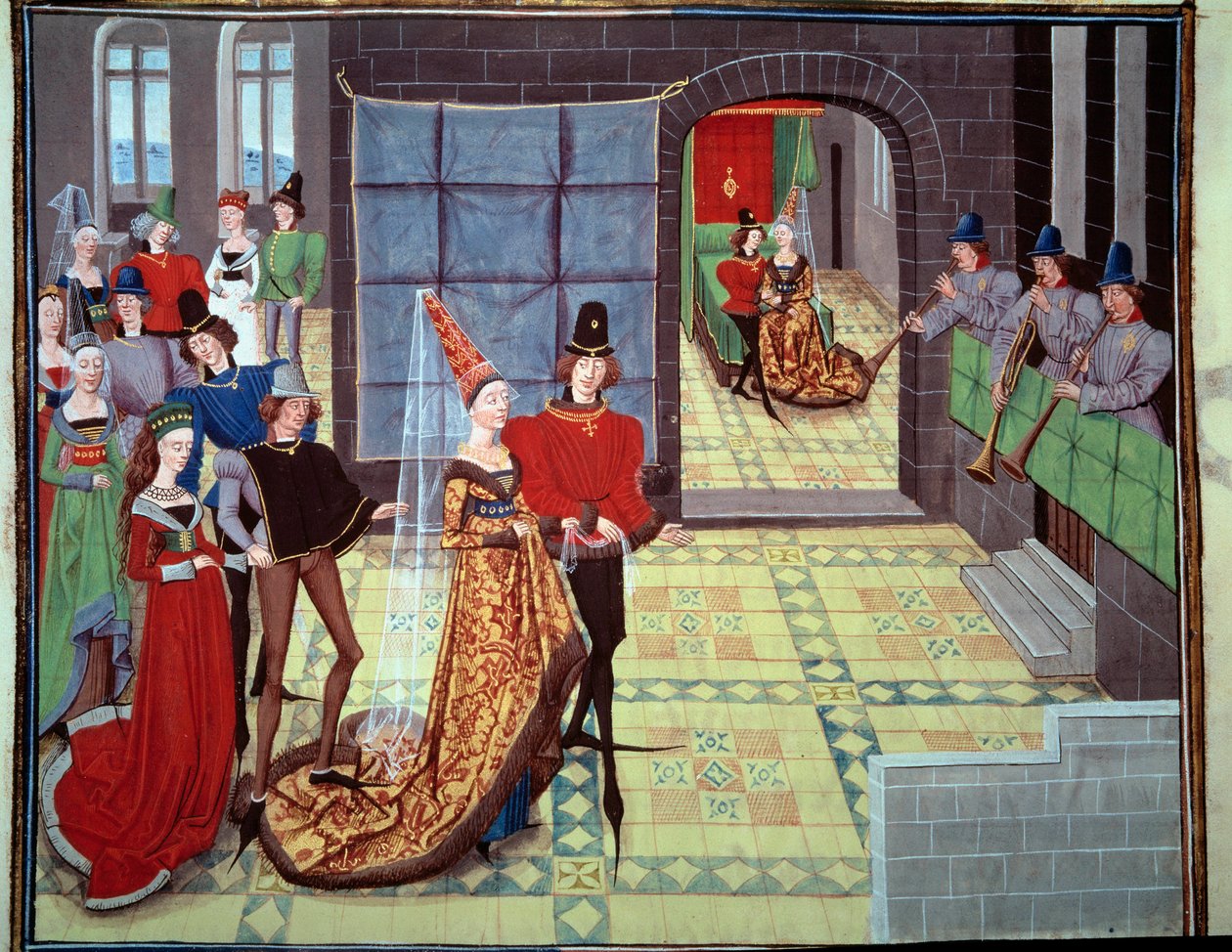 O casamento de Renaud e Clarisse, no fundo, na noite de núpcias. Miniatura do manuscrito "Renaud de Montauban" ou "Les quatre fils Aymon" de Loyset Liedet (activo entre 1448 e 1478). Ms. 5073. Bibliotheque de l