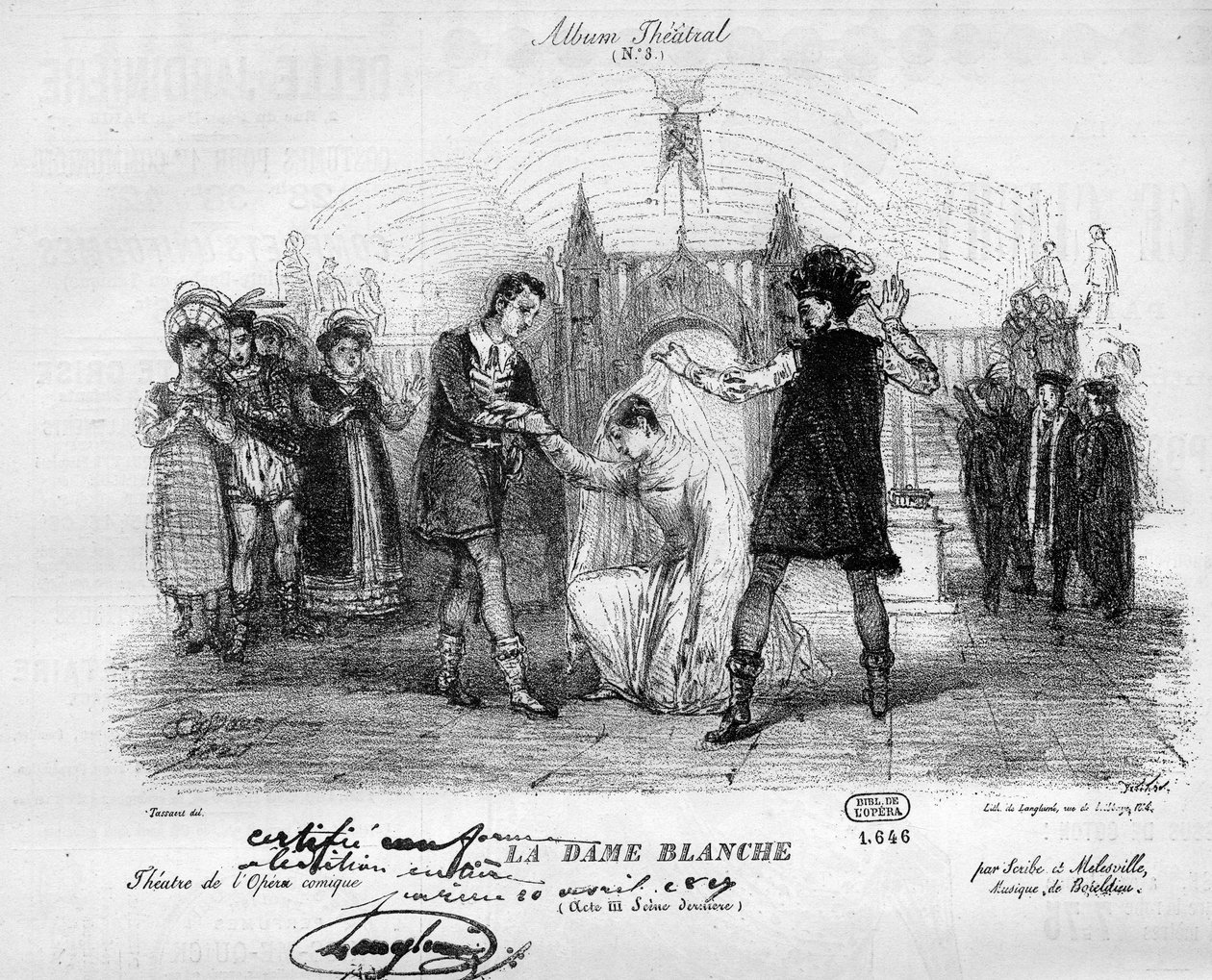 A senhora branca com os trajes originais de 1825. Ópera em três atos de François Adrien Boieldieu (1775-1834). Gravura em "Le Monde Illustré". de Unknown artist