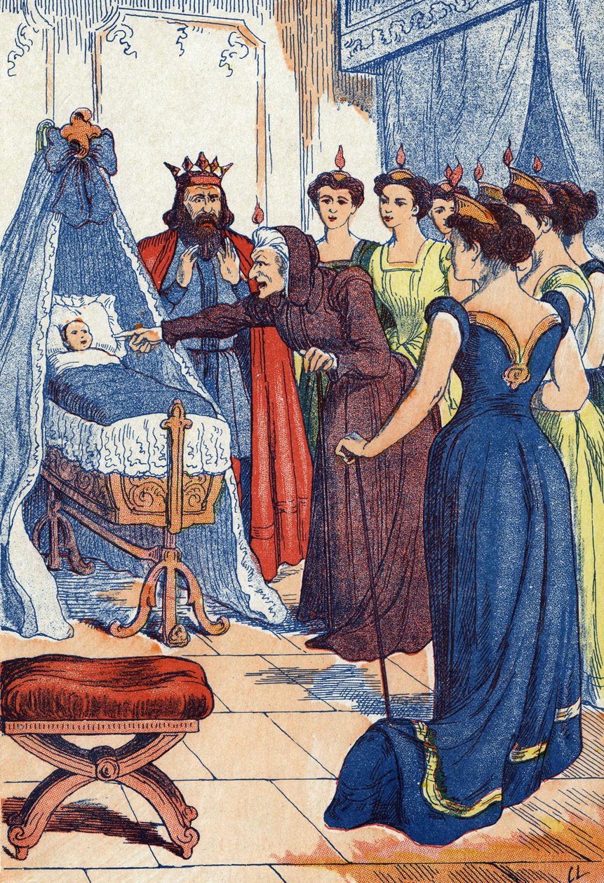 A malvada taxa prevê que a princesa lhe fure a mão. Ilustração de "La belle au bois dormant", conto de Charles Perrault (1628-1703), escritor francês. Ilustração anônima. Imagery Marcel Vagne, Jarville Nancy, sem data (final do século XIX). de Unknown artist
