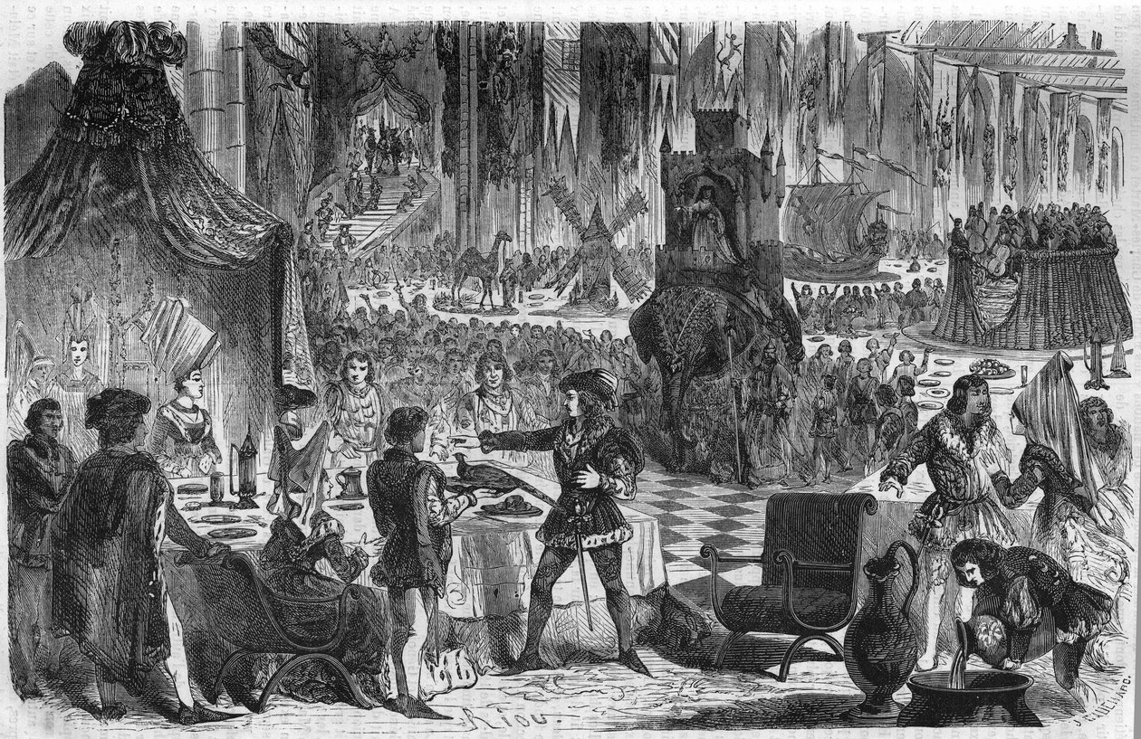 O desejo do faisão. Filipe III Le Bon, Duque de Borgonha (1396-1467) juntou-se ao Imperador de Constantinopla em 17 de Fevereiro de 1454 para um banquete no hotel da Salle de Lille. Gravura do século XIX. de Unknown artist
