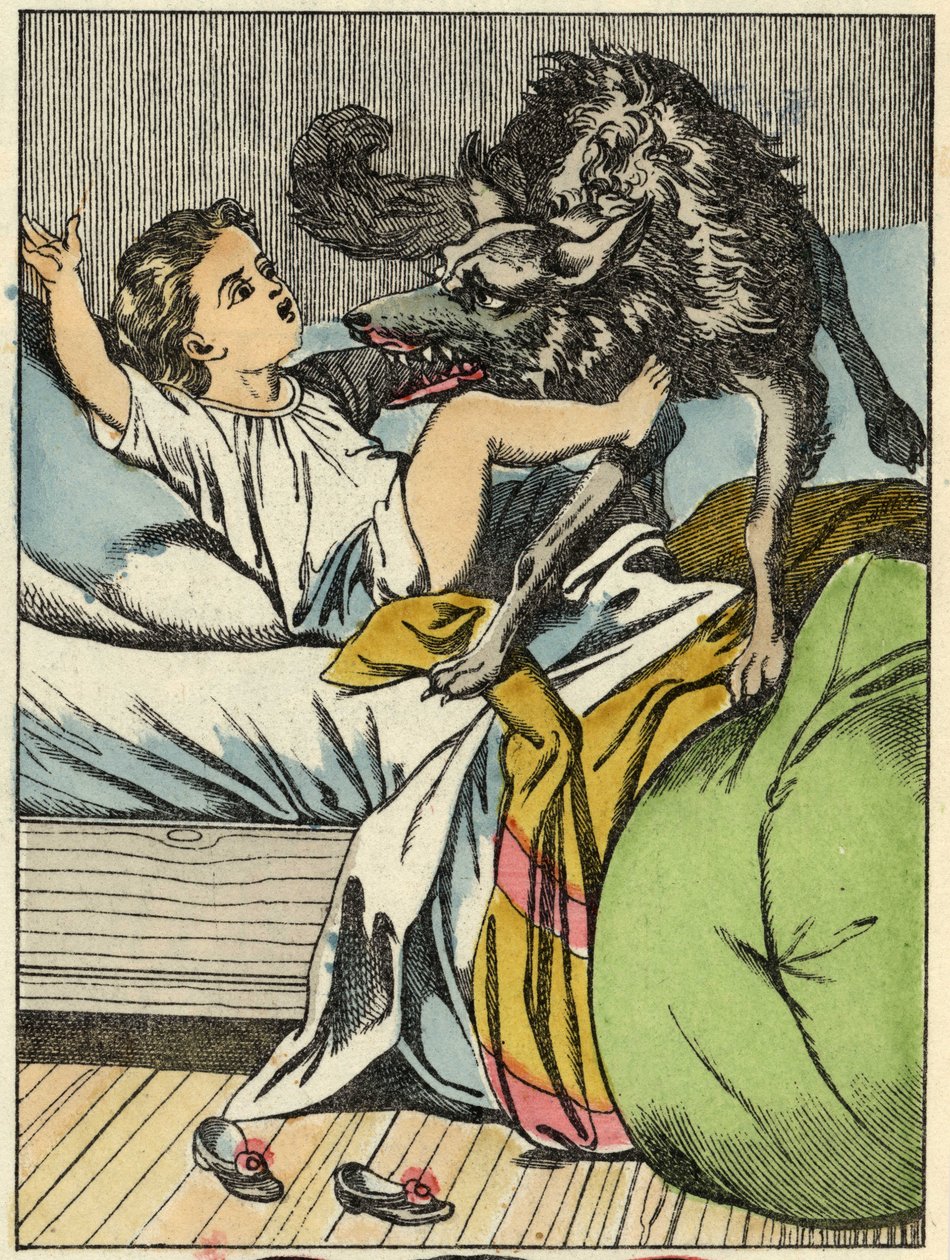 O lobo bate o Capuchinho Vermelho. Ilustração do conto "O Capuchinho Vermelho" de Charles Perrault de Unknown artist