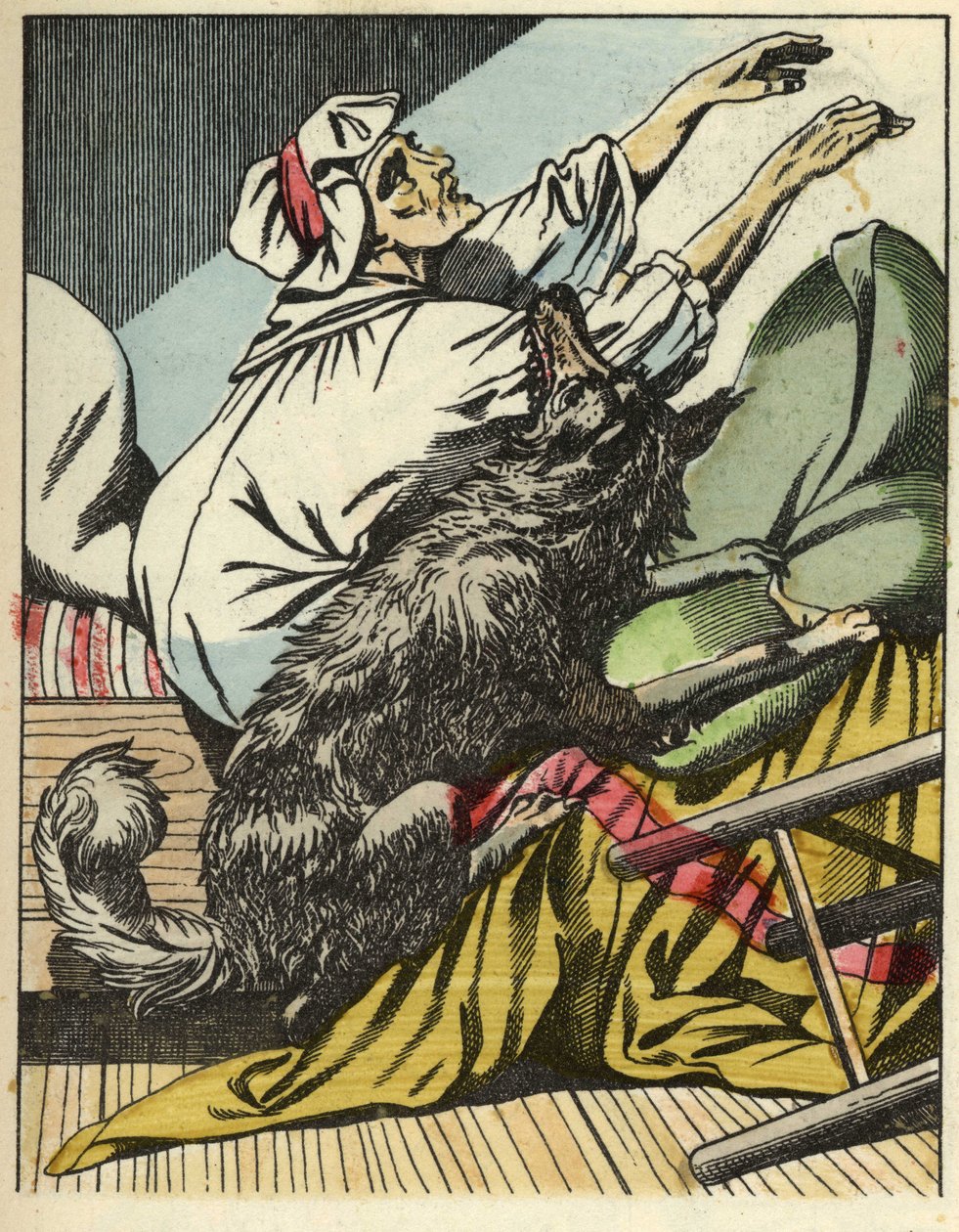 O lobo bate na avó do Capuchinho Vermelho. Ilustração do conto "O Capuchinho Vermelho" de Charles Perrault de Unknown artist