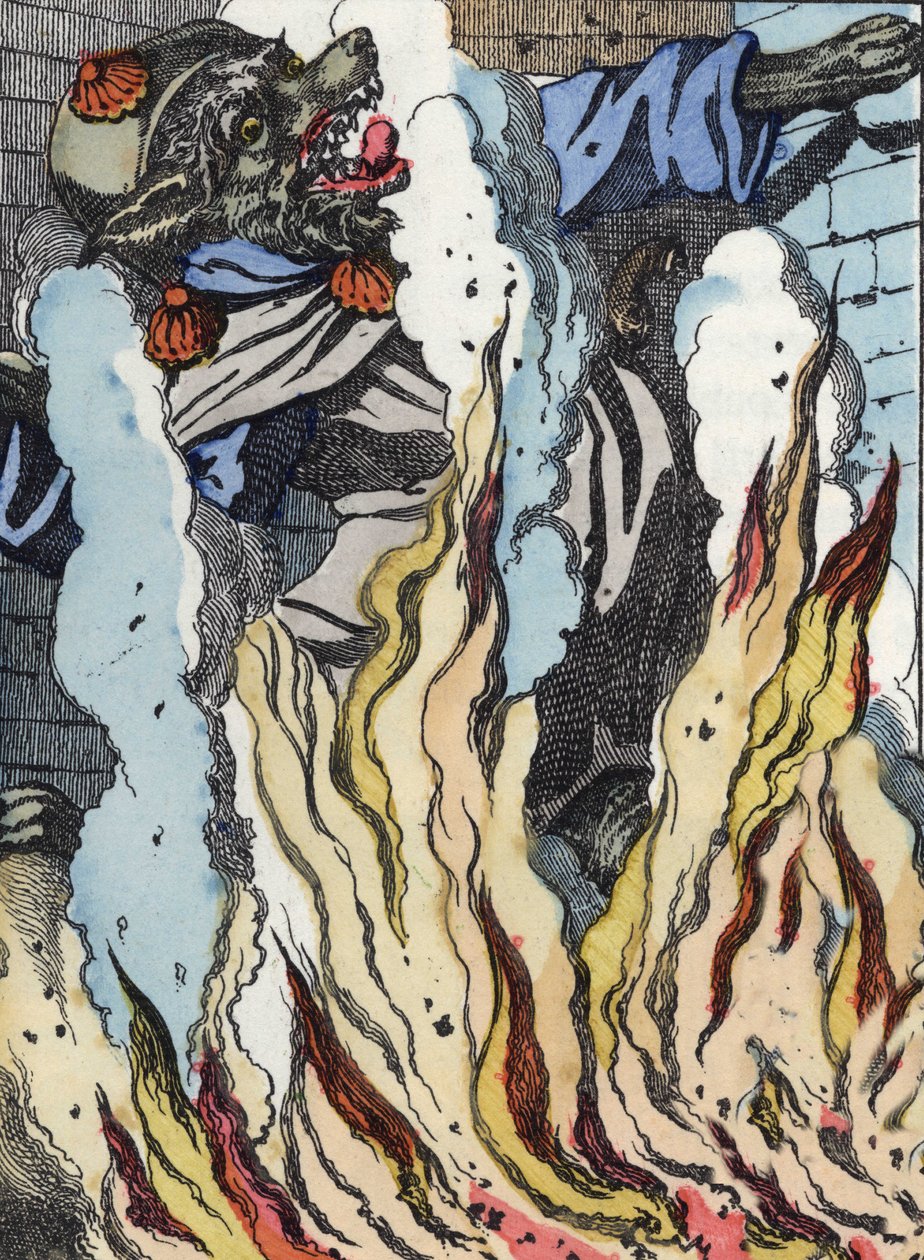 O lobo cai no fogo da chaminé. Ilustração do conto "Compere le Loup, Maitre Renard, Comere la Chevre et ses petits biquets" depois de uma fábula de Jean de la Fontaine. Em "Contos da casa para os pequenos". Gravação anónima dos de Unknown artist