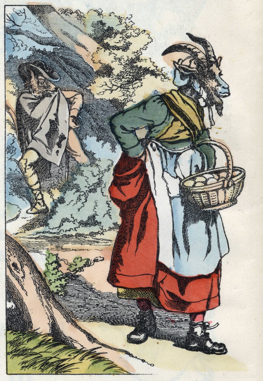 O lobo está à procura da cabra que deixa a sua casa. Ilustração do conto "Compere le Loup, Maitre Renard, Comere la Chevre et ses petits biquets" depois de uma fábula de Jean de la Fontaine. Em "Contos do lar para os pequenos". Gravura anónima de Unknown artist