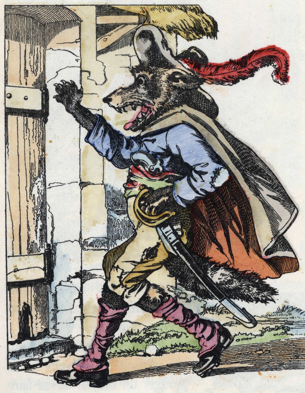 O lobo bate à porta da casa dos biquetes. Ilustração do conto "Compere le Loup, Maitre Renard, Comere la Chevre et ses petits biquets" depois de uma fábula de Jean de la Fontaine. Em "Contos da casa para os pequenos". Gravação anónima o de Unknown artist