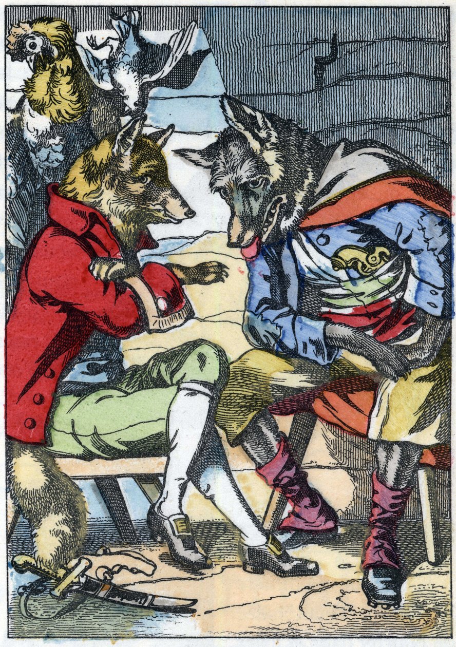O lobo volta a encontrar a raposa. Ilustração do conto "Compere le Loup, Maitre Renard, Comere la Chevre et ses petits biquets" depois de uma fábula de Jean de la Fontaine. Em "Contos da casa para os pequenos". Gravura anónima do século XIX. de Unknown artist