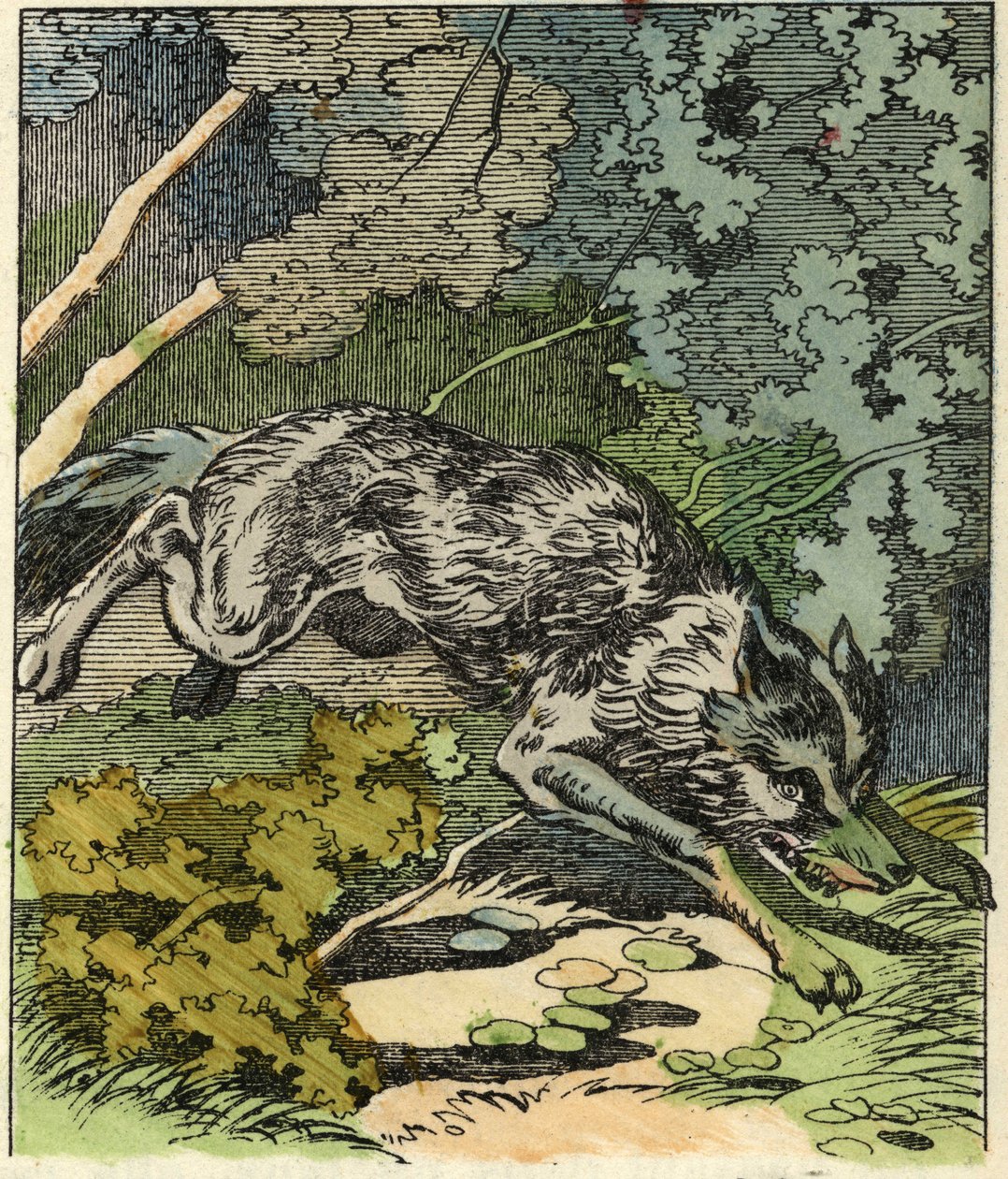 O lobo corre para a casa da avó. Ilustração do conto "O Capuchinho Vermelho", de Charles Perrault de Unknown artist