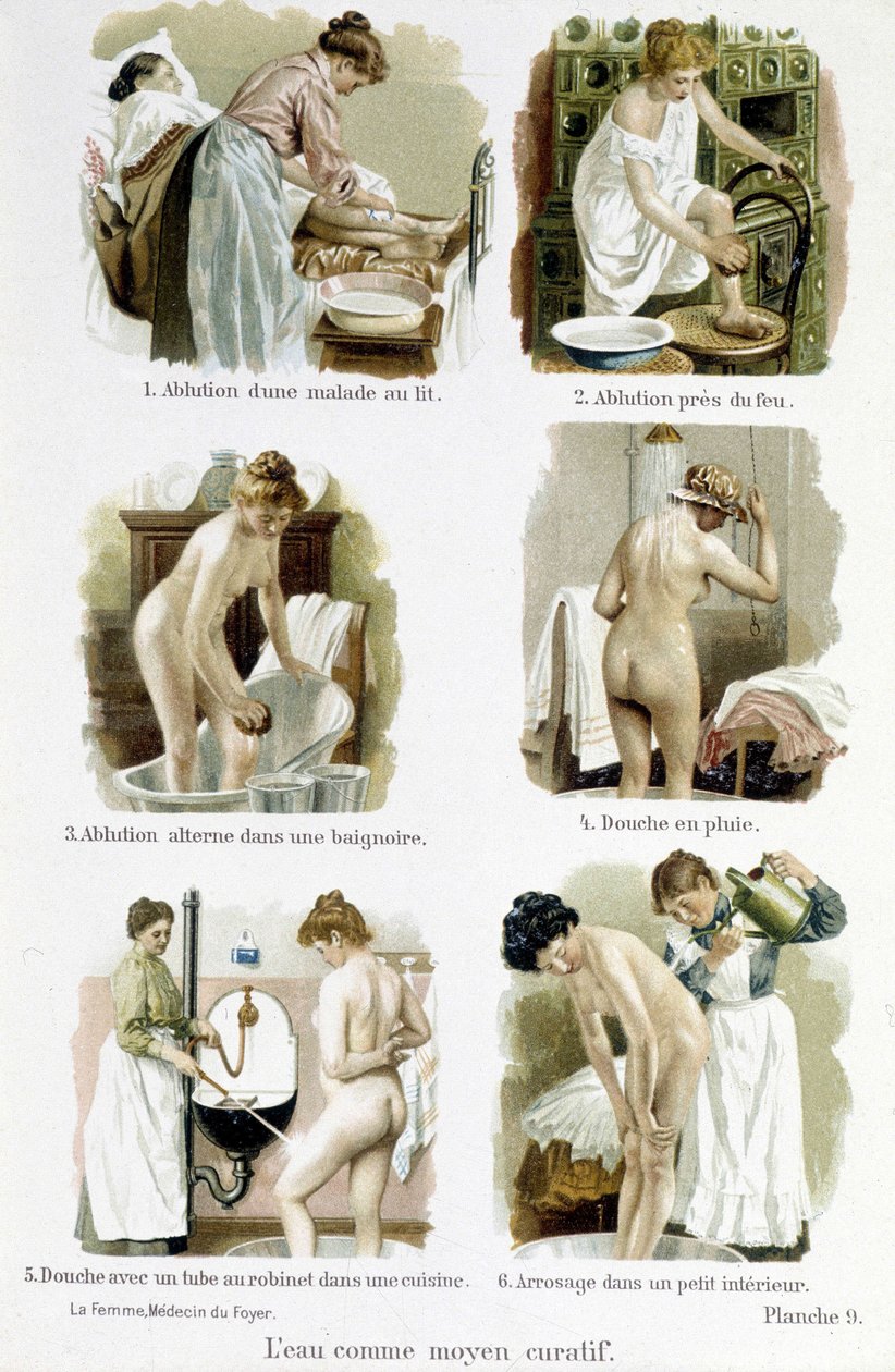 A mulher, médica doméstica: a água como meio curativo. 1. aluição de uma pessoa doente na cama, 2. aluição pelo fogo, 3. aluição alterna em uma banheira, 4. chuveiro de chuva, 5. chuveiro com um tubo de torneira de uma cozinha, 6. irrigação em um pequeno i de Unknown artist