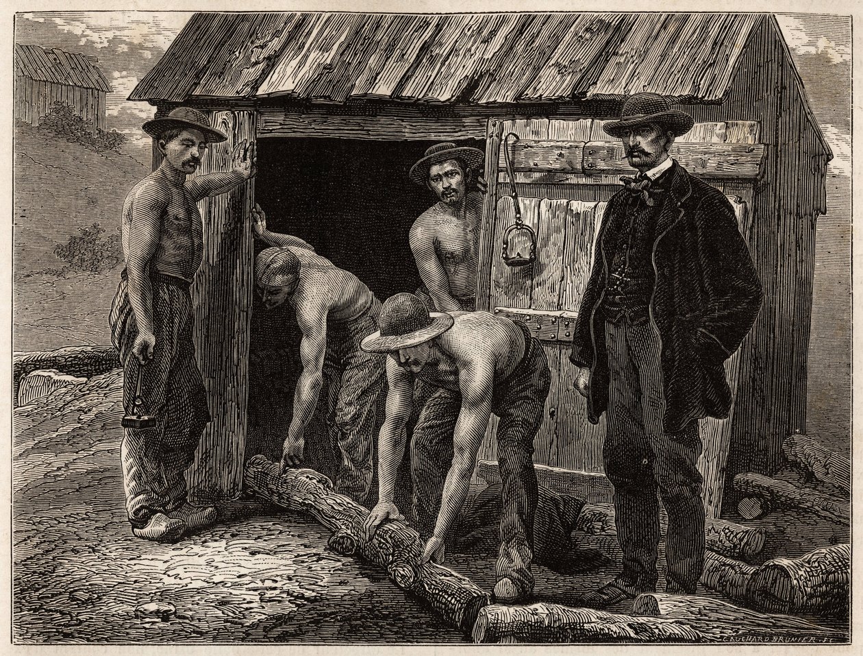 Os carpinteiros da mina de Montchanin, atirando-os para o poço inclinado; de fato, o engenheiro-chefe da mina supervisiona as manobras. Gravura para ilustrar uma viagem ao Creusot e às minas de Saone e Loire, em 1865, por L. Simonin, em "Le de Unknown artist