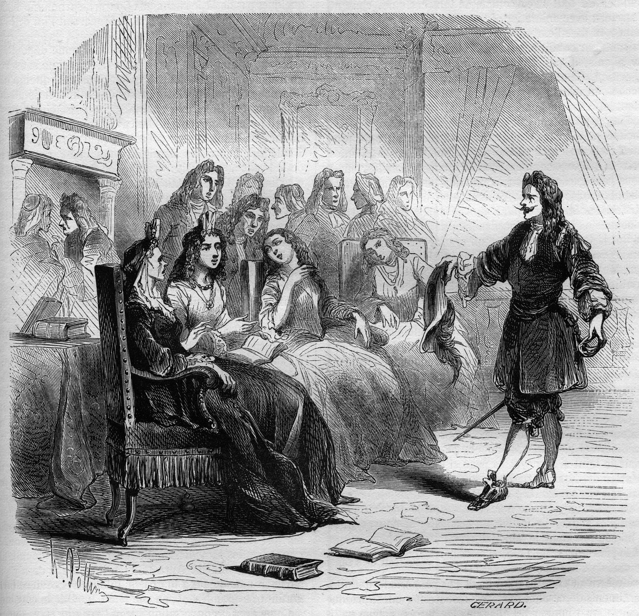 O escritor Georges de Scudery (1598-1667) durante um salão de cabeleireiro organizado pela sua irmã, Madeleine de Scudery, em 1650. Gravura de 1860-1861. de Unknown artist