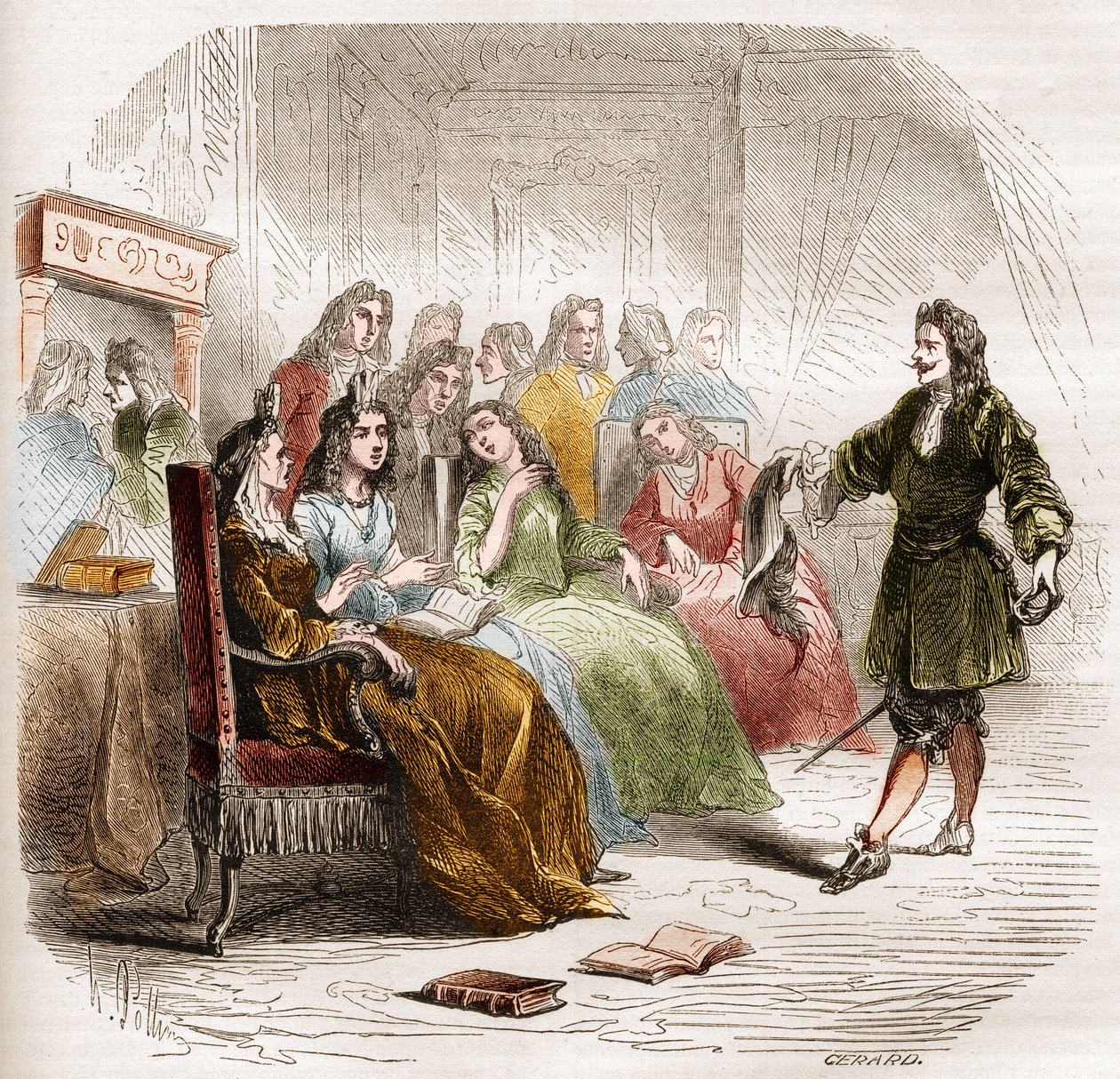 O escritor Georges de Scudery (1598-1667) durante um salão de cabeleireiro organizado pela sua irmã, Madeleine de Scudery, em 1650. Gravura de 1860-1861. de Unknown artist