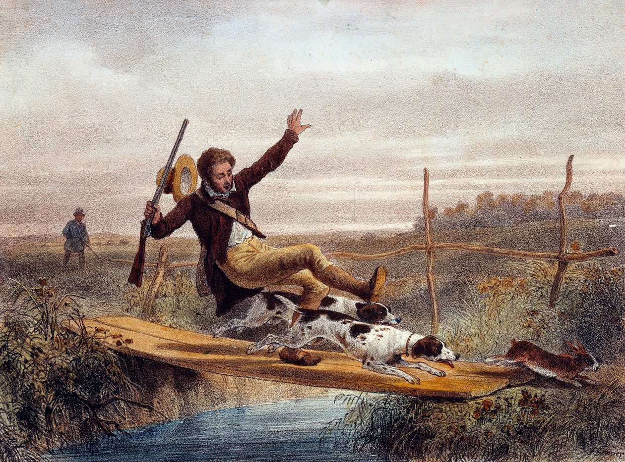 O passo errado. Um caçador cai de uma pequena ponte, empurrado por cães que correm com uma lebre. Gravura do século XIX. Gien, Museu da Caça de Unknown artist
