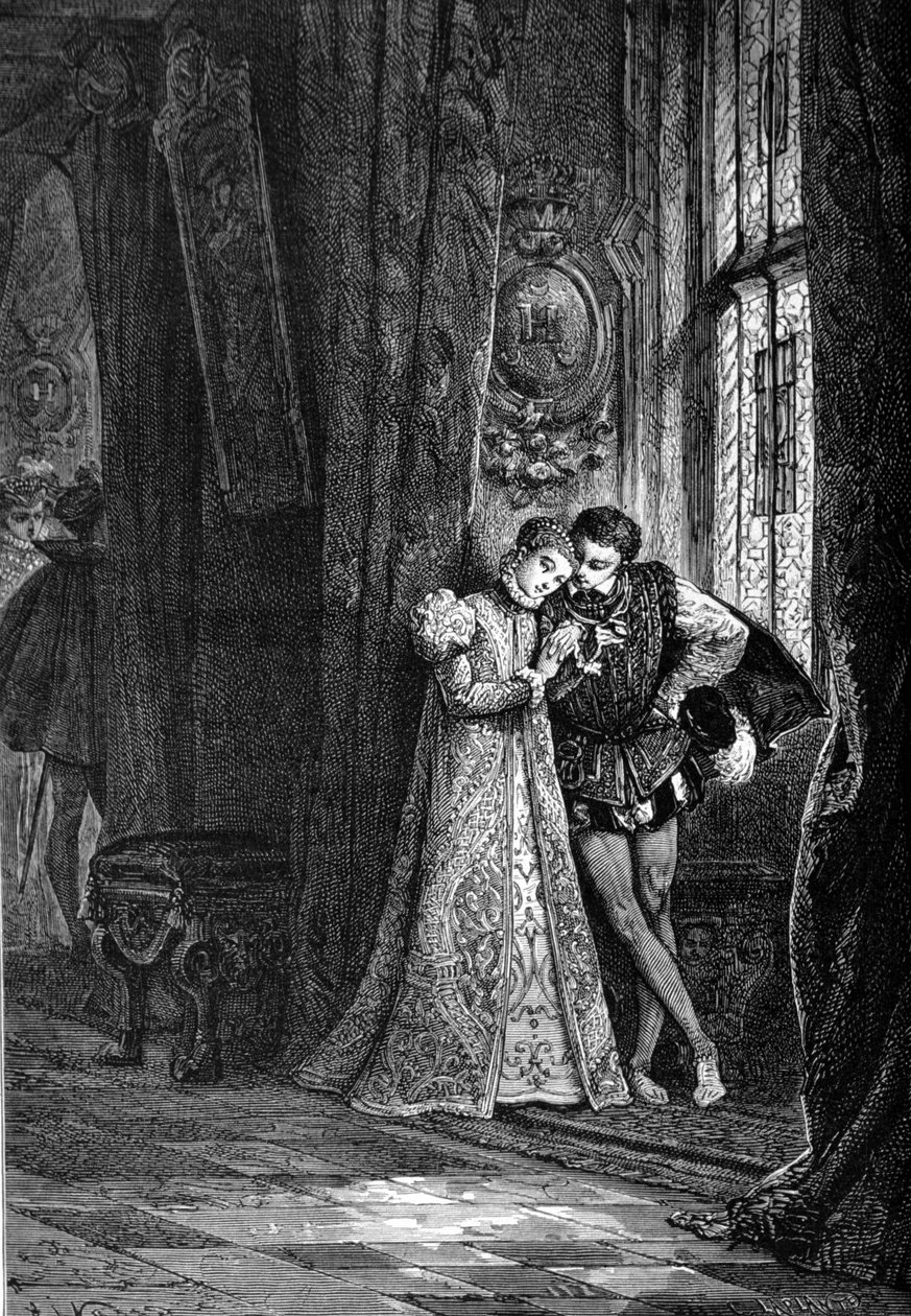 As jovens noivas Marie Iere Stuart (1542 - 1587) e François II (1544 - 1560) gostavam de se colocar de lado para fazer confidências. A gravura do século XIX. de Unknown artist