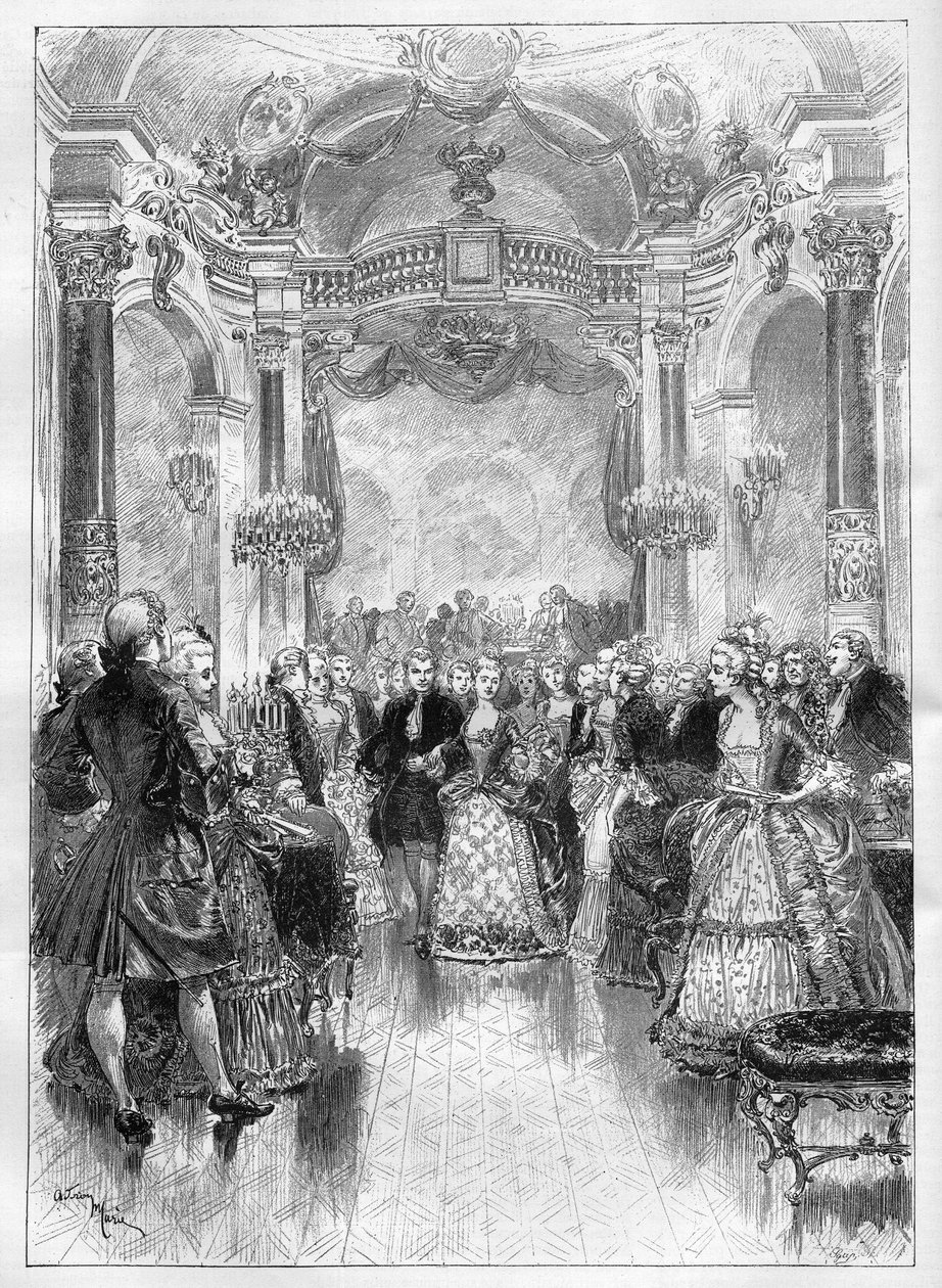 Teatro: "Manon", ópera cômica de Henri Meilhac (1831-1897) e Philippe Gille (1831-1901) sobre uma música de Jules Massenet (1842-1912) representada na Ópera Comique. Gravura em "Le Monde Illustré". de Unknown artist