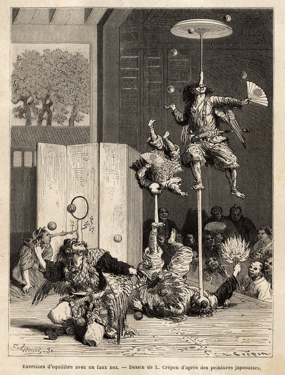 Saltimbancos do Teatro: malabaristas, equiibristas e acrobatas, os que são típicos da região de Edo (Tóquio), reconhecíveis por seus truques de equilíbrio com falso nariz de esterco, principal atributo do divinita Tengu, patrono desses saltimbancos. Gravur de Unknown artist