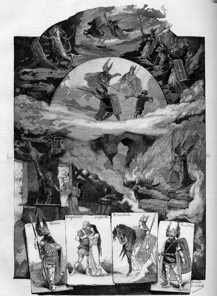 A peça de teatro "Die Walkure" (O Walkyrie), drama de Richard Wagner (1813-1883) representa no Théâtre de la Monnaie, em Bruxelas. Gravação em "Le monde illustrious" (O monde ilustre) de Unknown artist